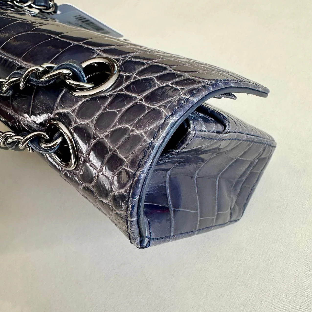 CHANEL SHINY BLUE ALLIGATOR CLASSIC FLAP BAG WITH SILVER HARDWARE - Image 9