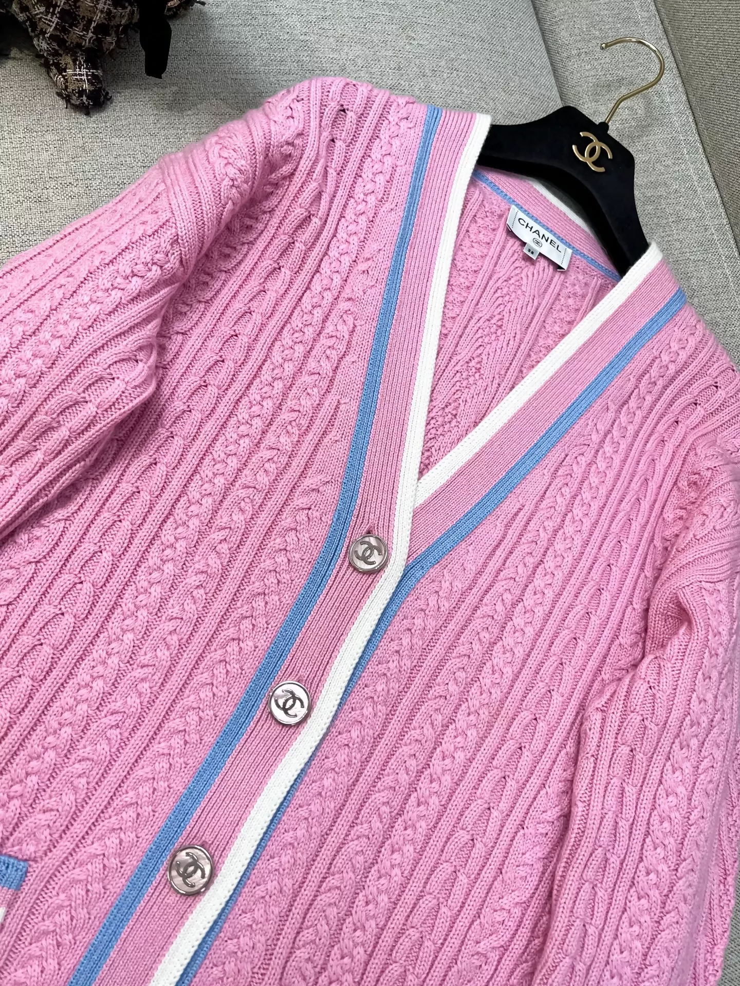 Chanel 23P pink and blue/white long knit cardigan - Image 2