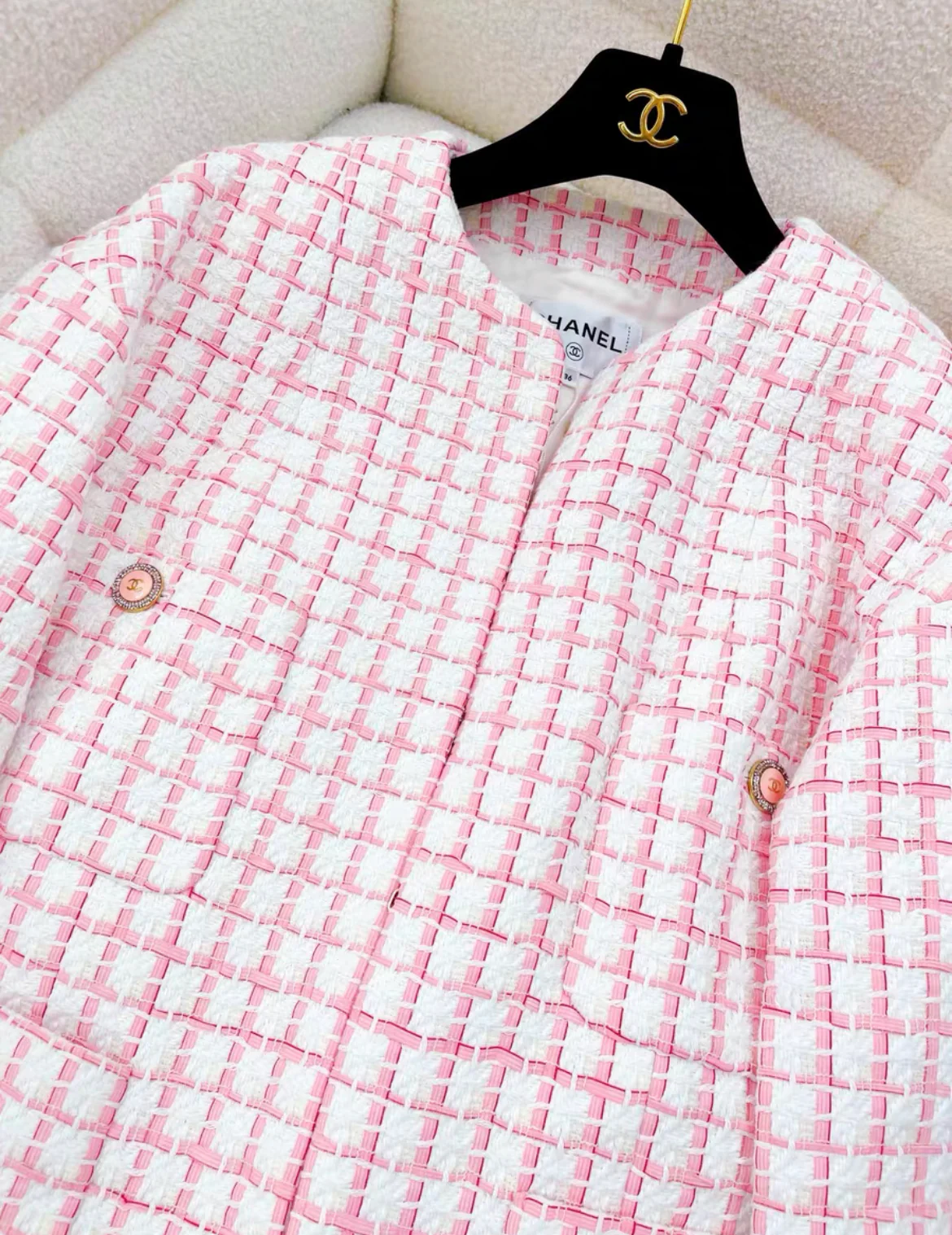 CHANEL SIZE 36 22S TWEED JACKET COTTON/ACRYLIC LIGHT PINK/WHITE - Image 3