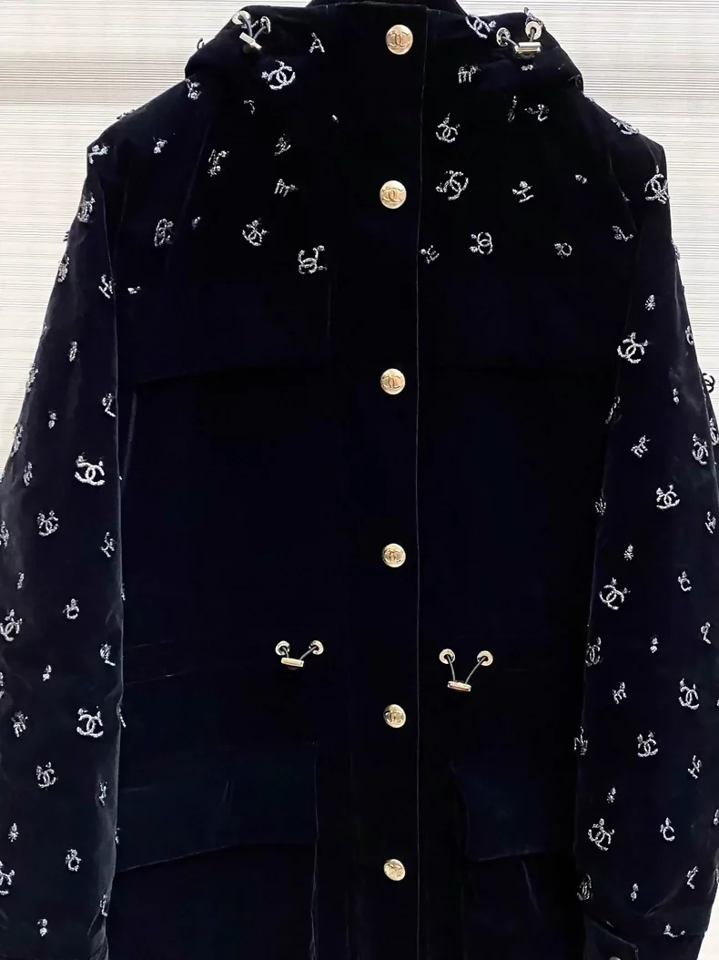 Chanel ski collection, velvet embroidered logo hooded down jacket - Image 2