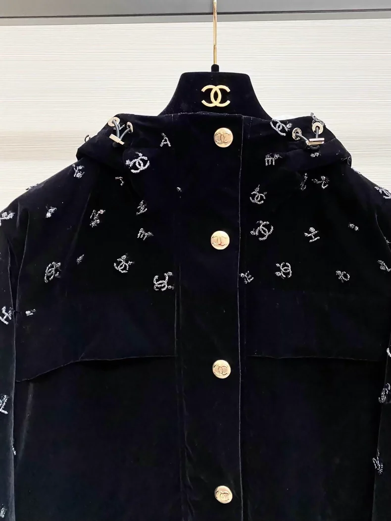 Chanel ski collection, velvet embroidered logo hooded down jacket - Image 4