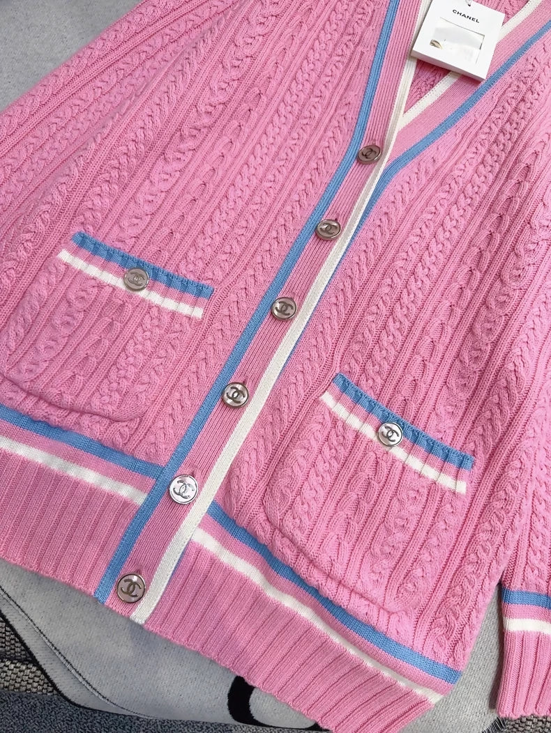 Chanel 23P Pink and Blue/White Knit Cardigan - Image 3