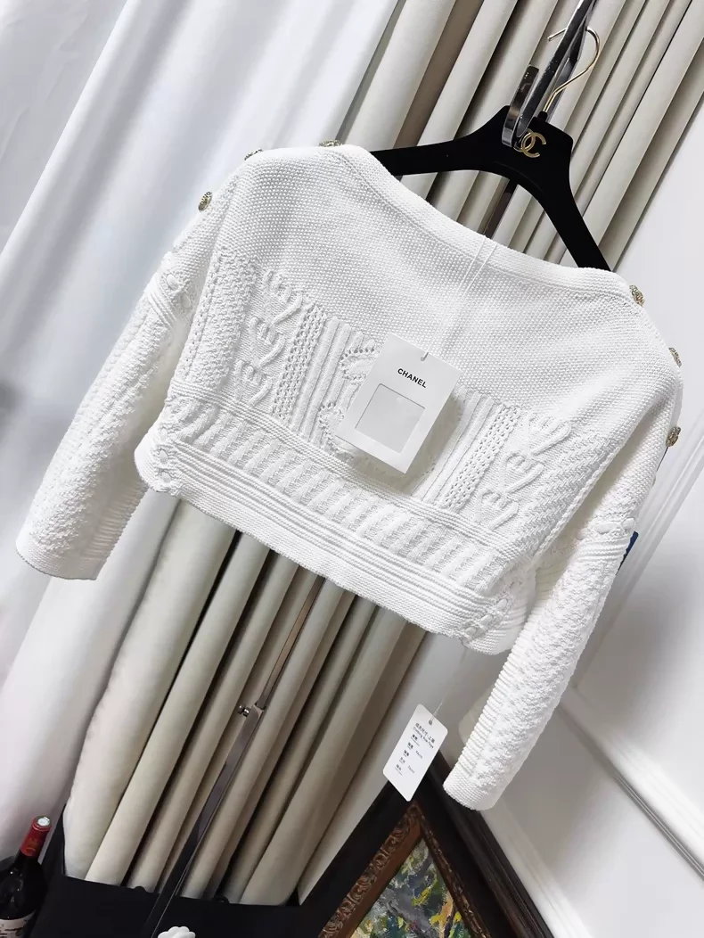 Chanel 20P White Double C Jacquard Knit Off-Shoulder Top