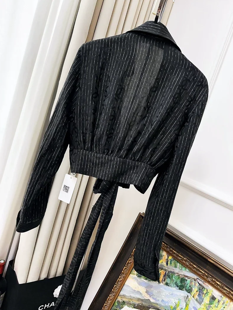 Chanel 23p Black Double C Striped Tie-Waist Shirt - Image 2