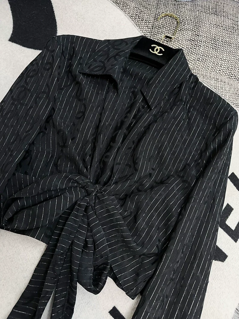 Chanel 23p Black Double C Striped Tie-Waist Shirt - Image 3