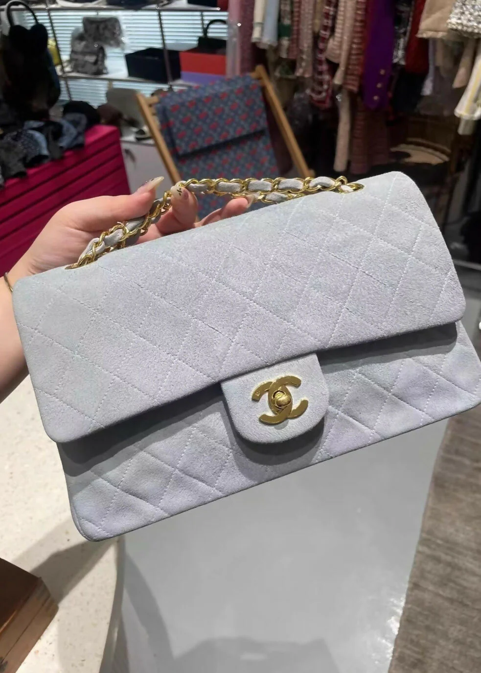Chanel suede gray-blue medium flap gold hardware - Image 2