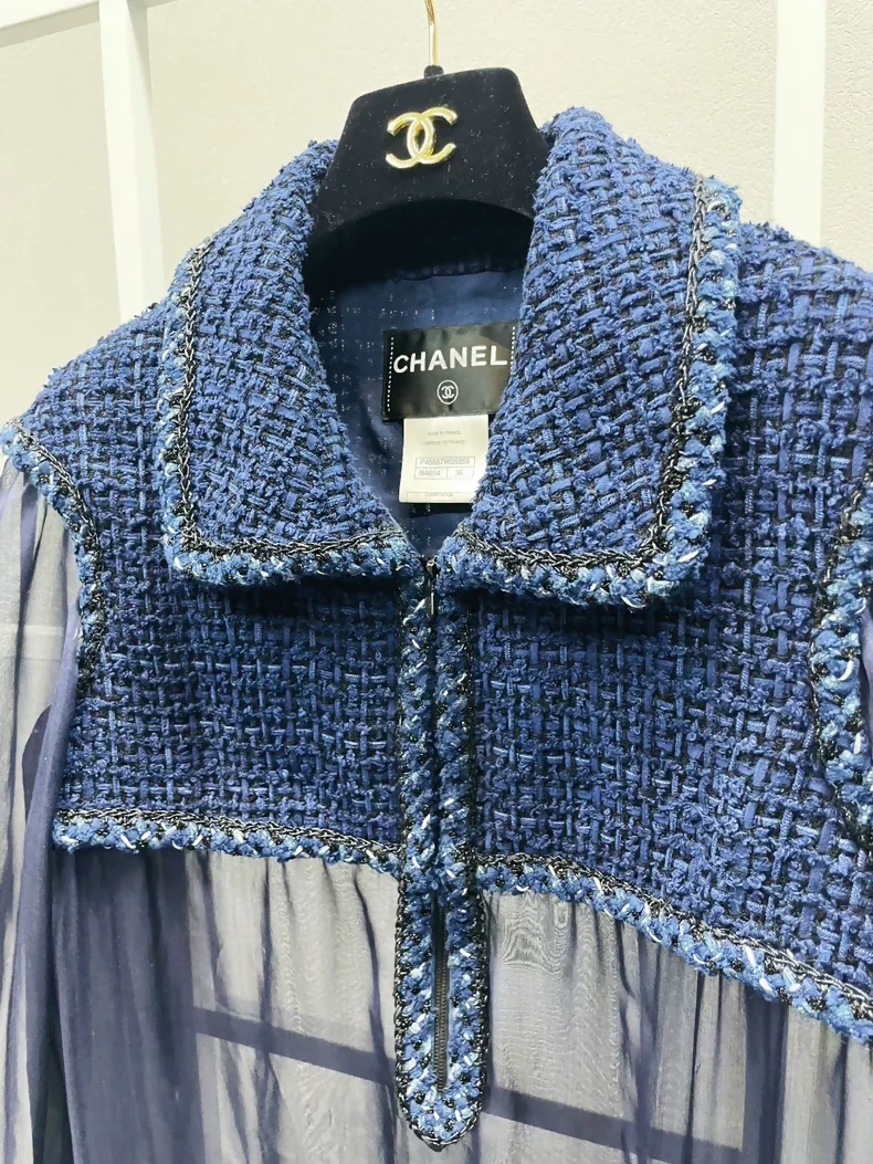 Chanel top in navy blue tulle and tweed - Image 4