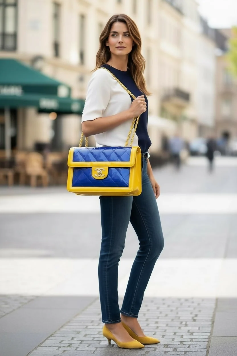 Chanel Ultra Rare 1995 Barbie Collection Yellow Blue Maxi PVC Vinyl Patent Flap Bag - Image 2