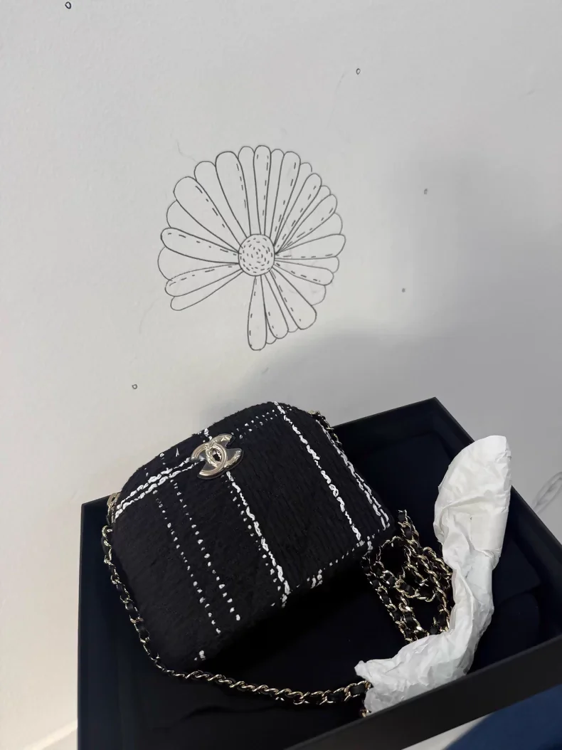 Chanel VIC 24k black and white checkered tweed mini shell bag with chain strap