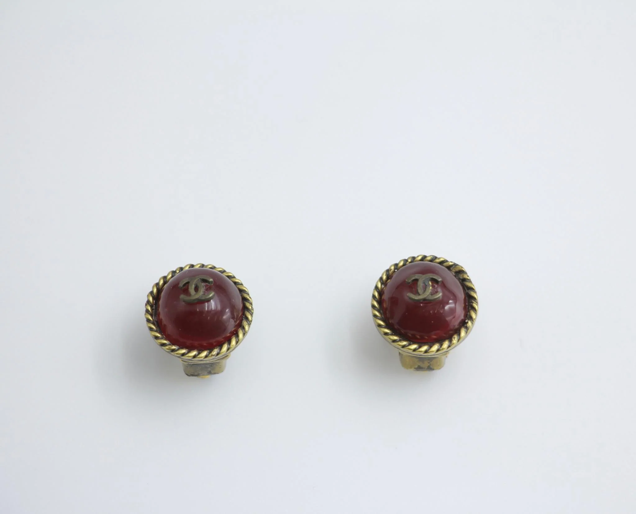 Chanel Vintage 00A Glazed Red Vintage Round Gold Hoop Earrings