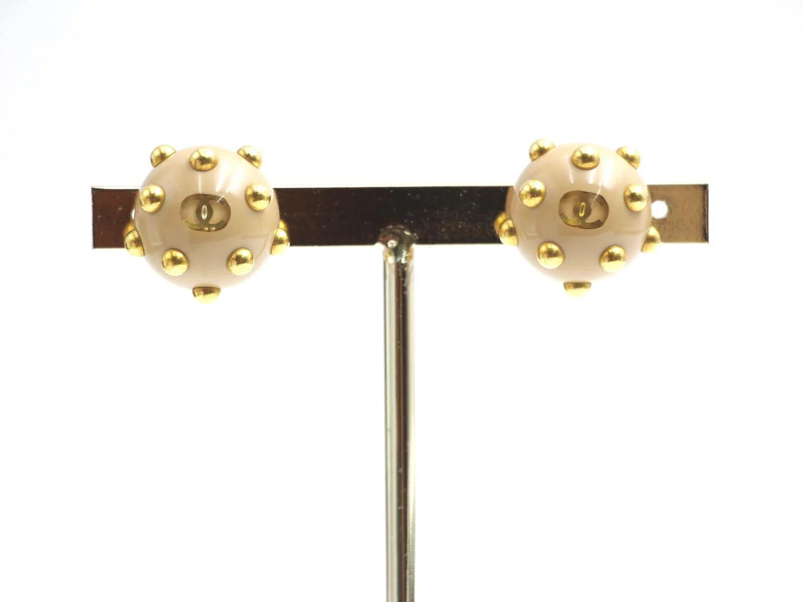 Chanel Vintage 00A Resin Khaki Brown Gold Dot Earrings - Image 10