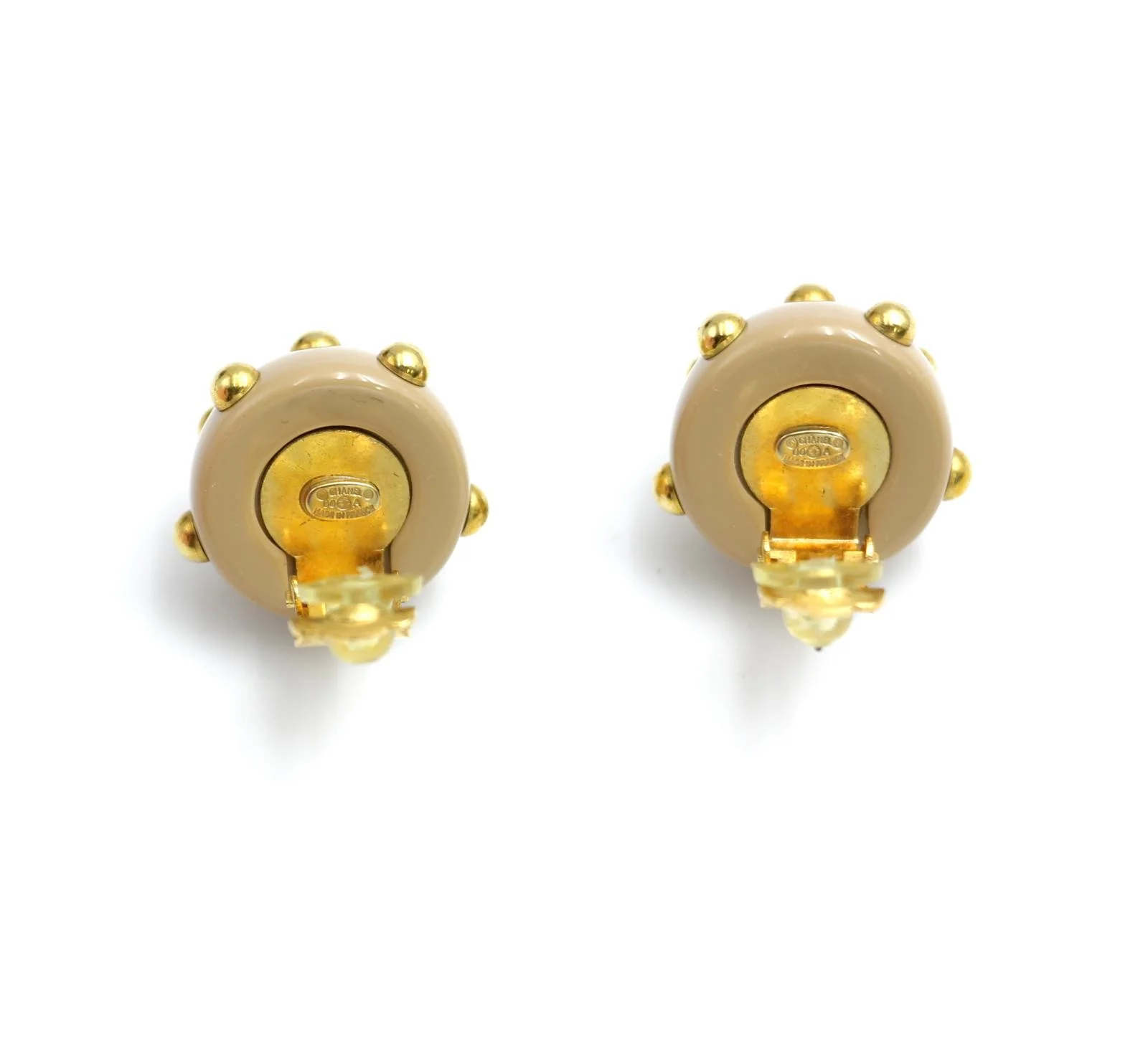 Chanel Vintage 00A Resin Khaki Brown Gold Dot Earrings - Image 5
