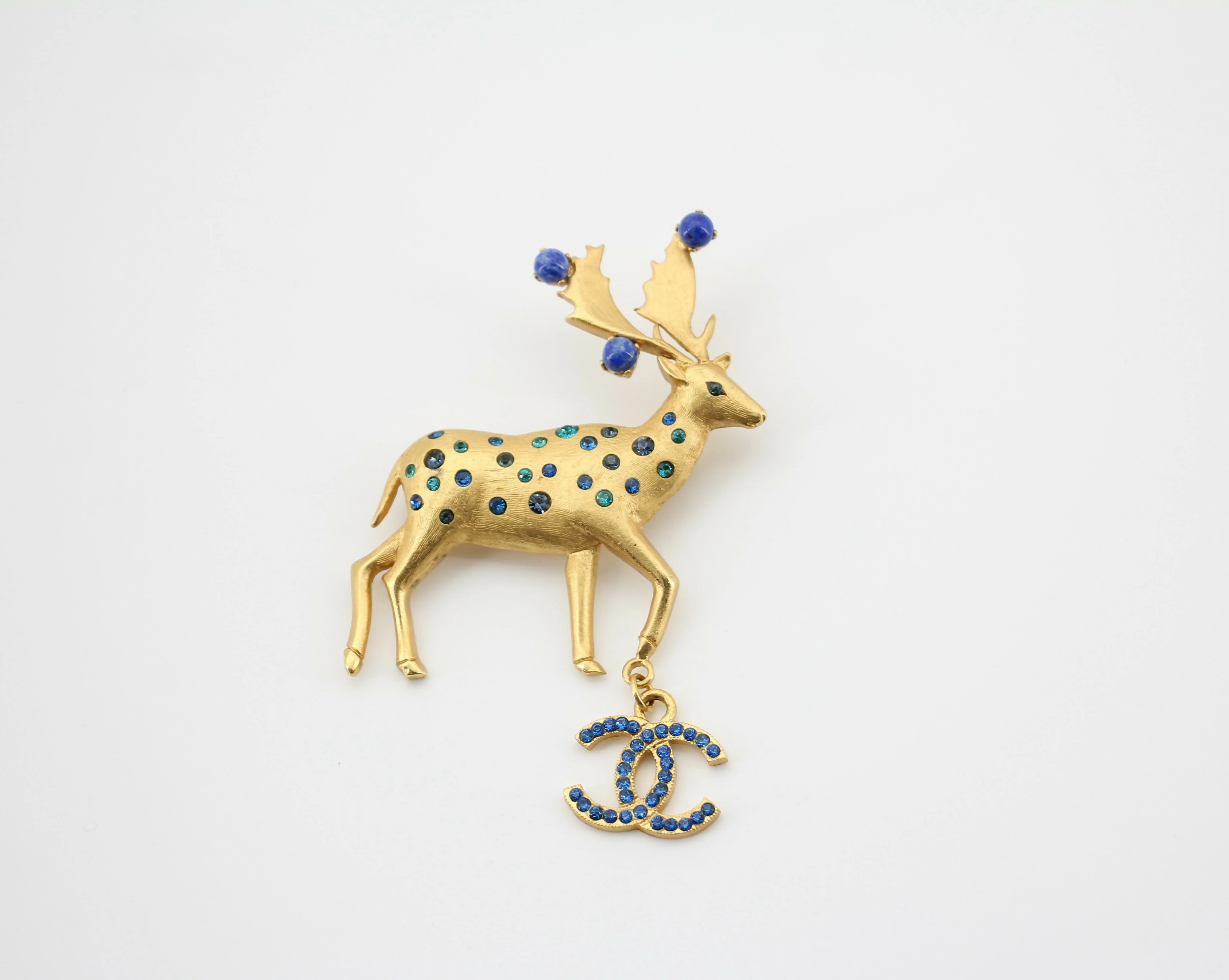 Chanel Vintage 01A Rhinestone Blue Golden Green Reindeer Brooch