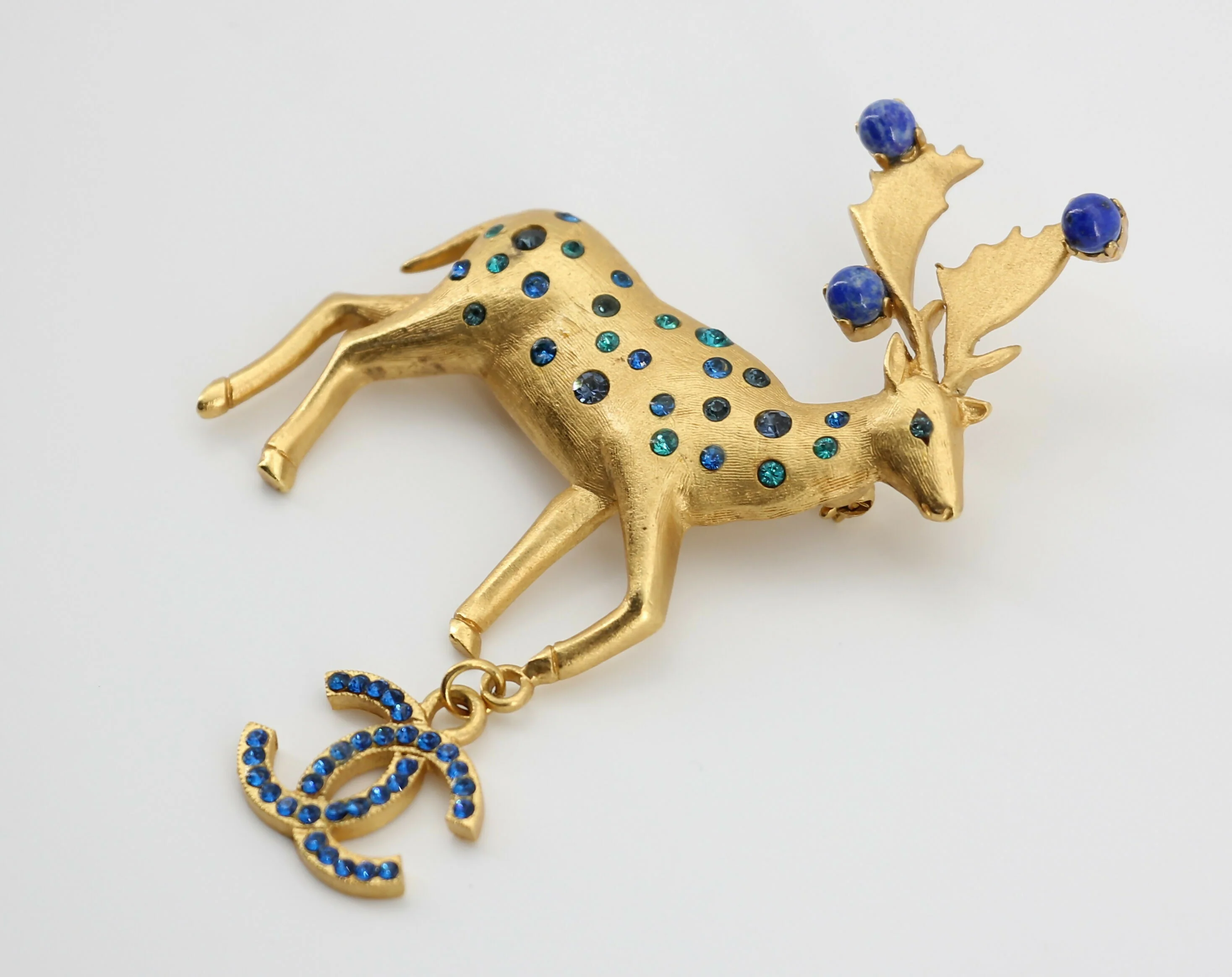 Chanel Vintage 01A Rhinestone Blue Golden Green Reindeer Brooch - Image 3