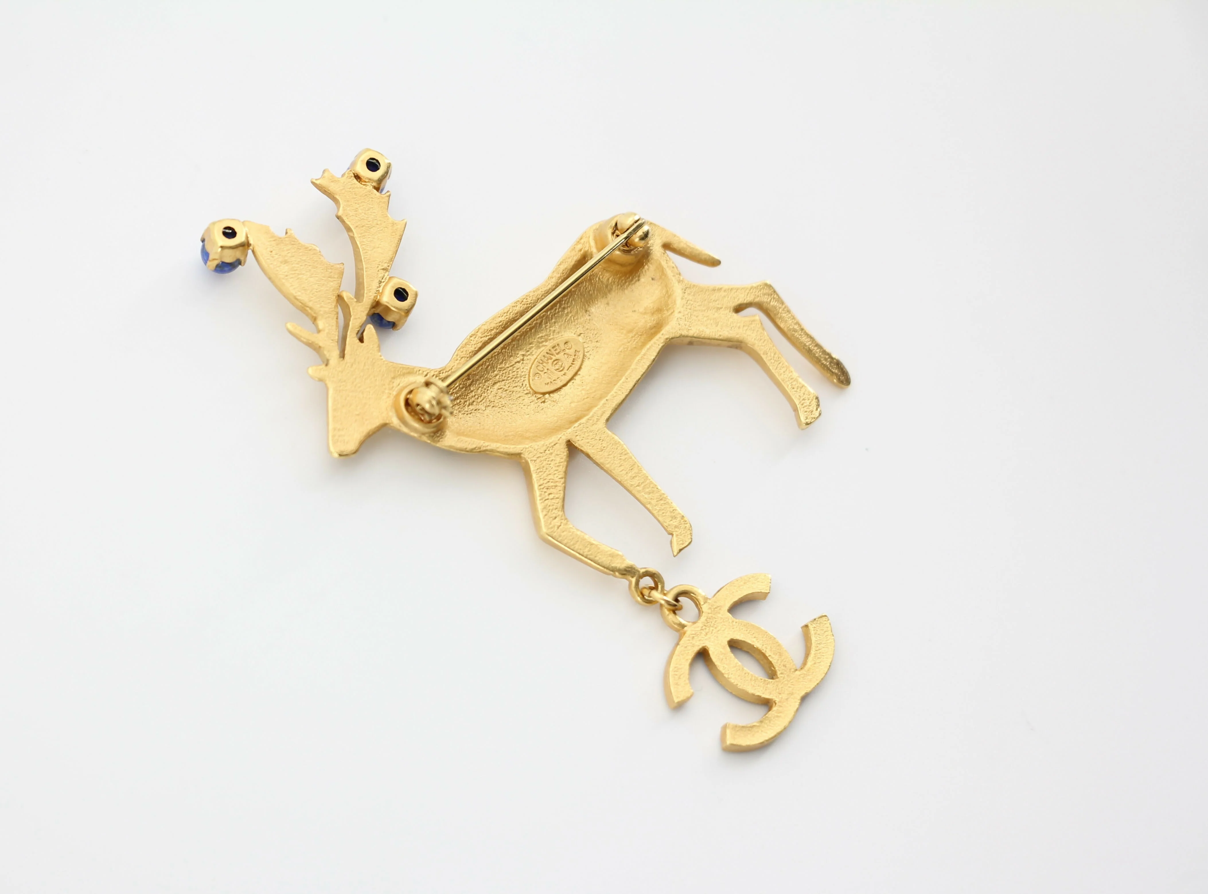 Chanel Vintage 01A Rhinestone Blue Golden Green Reindeer Brooch - Image 4