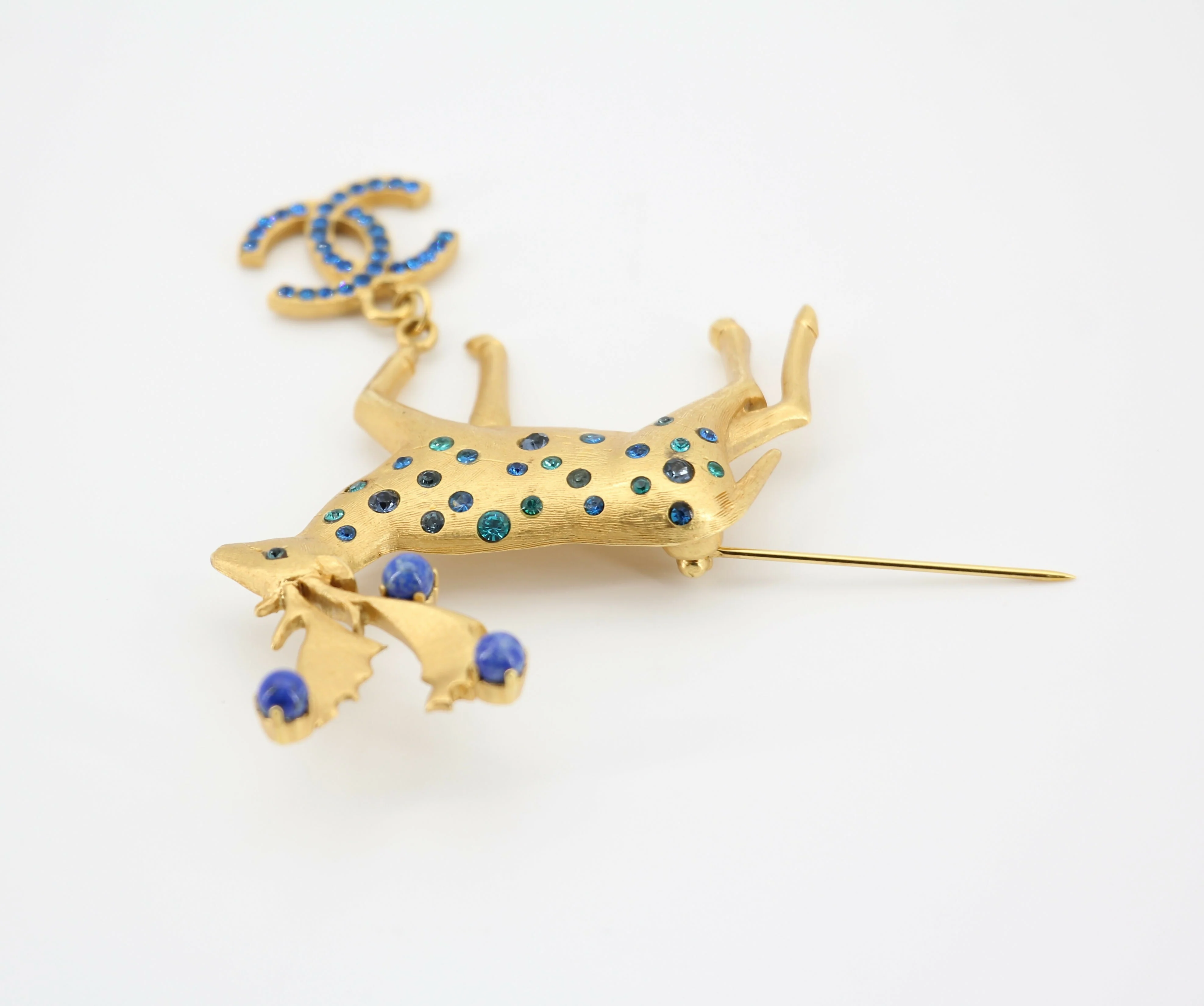 Chanel Vintage 01A Rhinestone Blue Golden Green Reindeer Brooch - Image 7