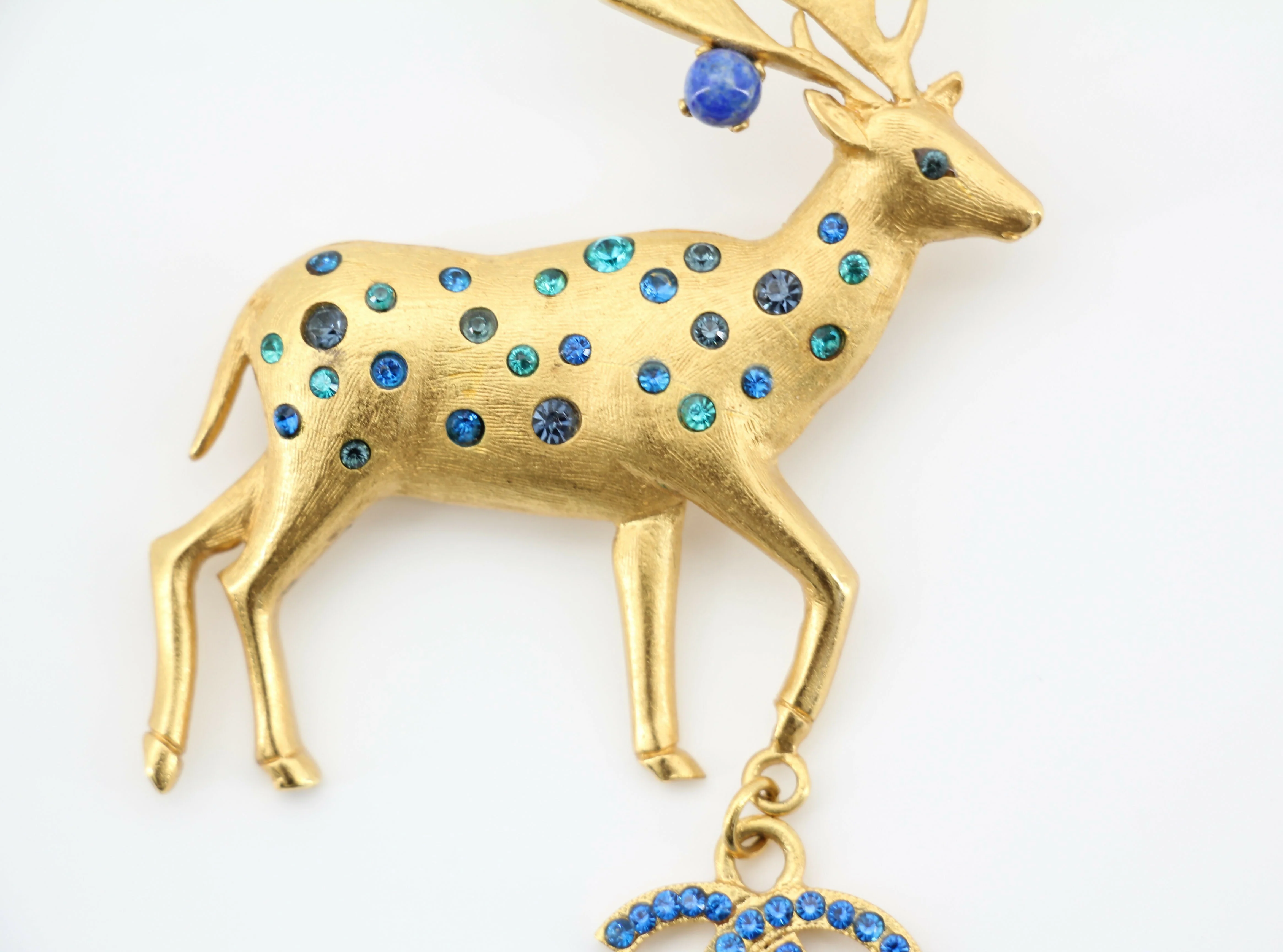 Chanel Vintage 01A Rhinestone Blue Golden Green Reindeer Brooch - Image 8