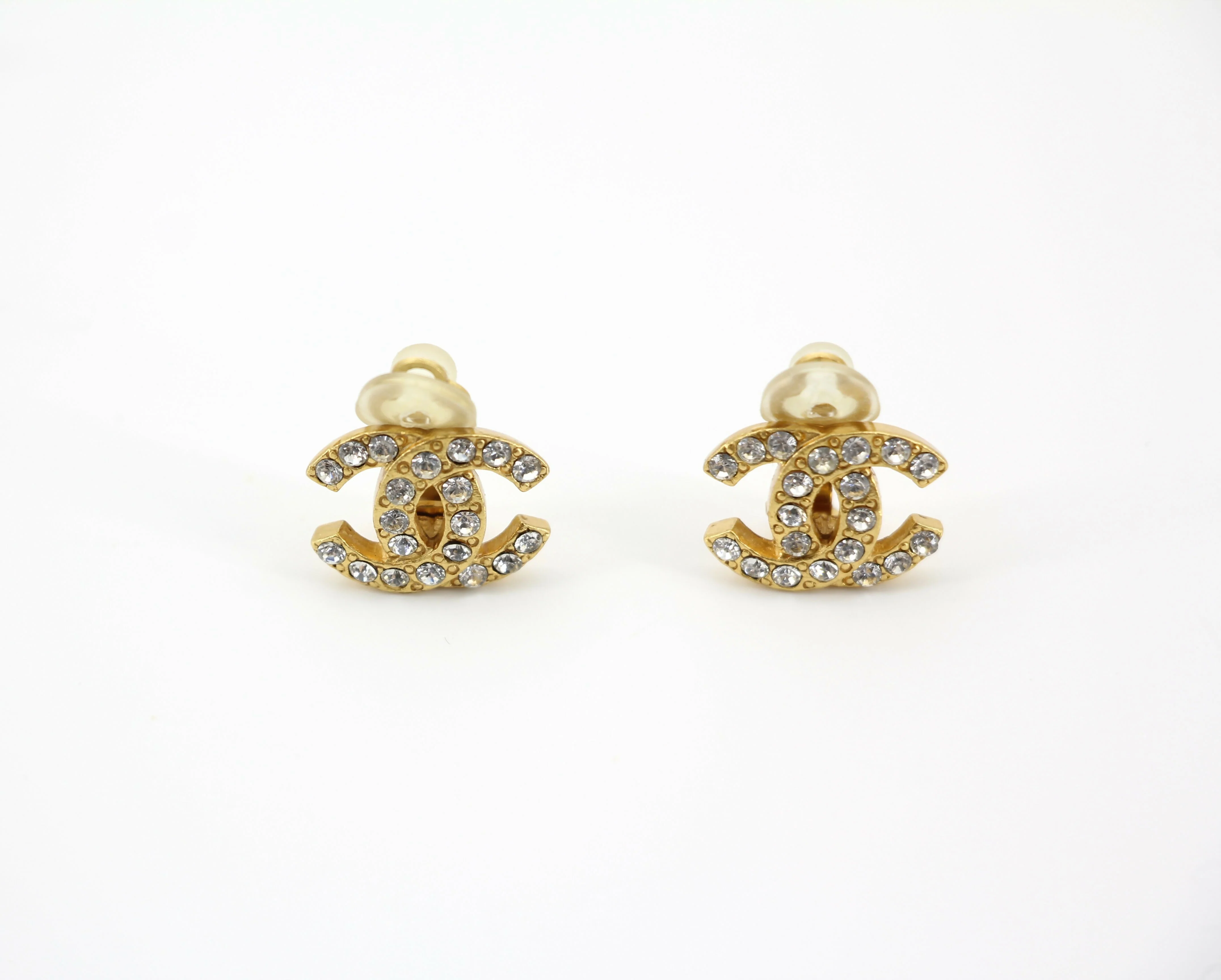 Chanel Vintage 02A Rhinestone Gold-plated CC Mark Clip-on Earrings