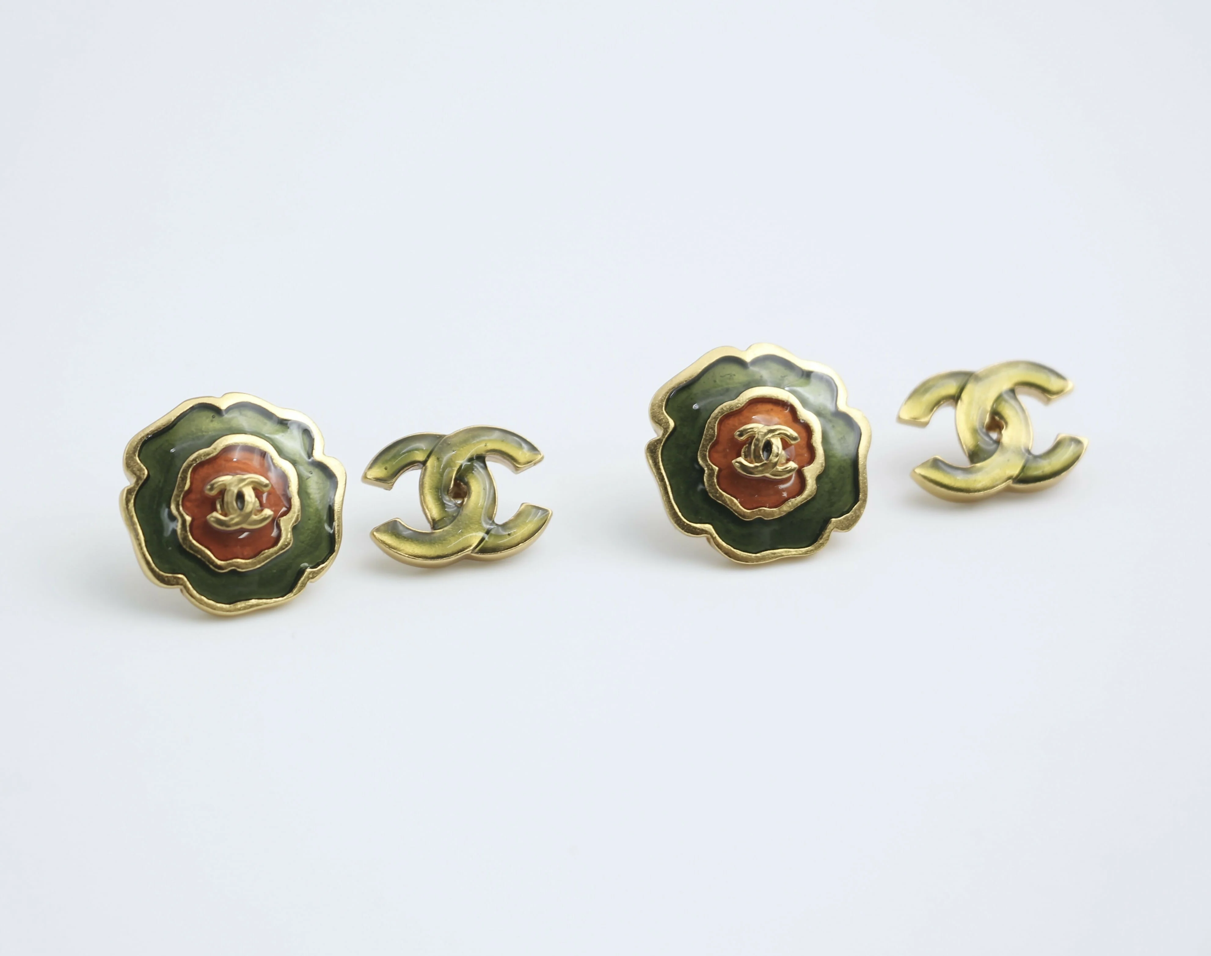 Chanel Vintage 03P Enamel Green and Red Flower Stacking Stud Earrings