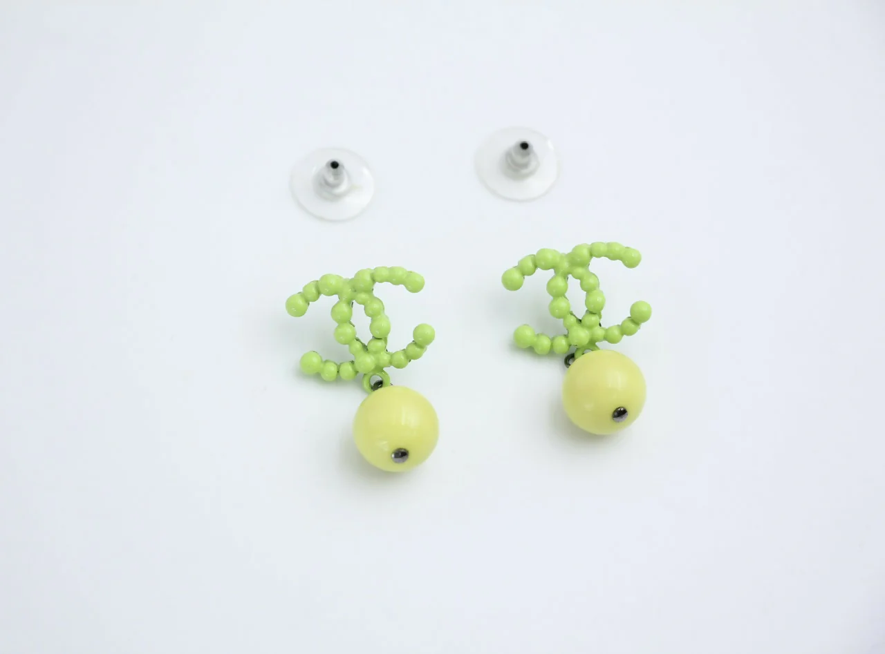 Chanel Vintage 04A Resin Fluorescent Green and Yellow Dangle Stud Earrings