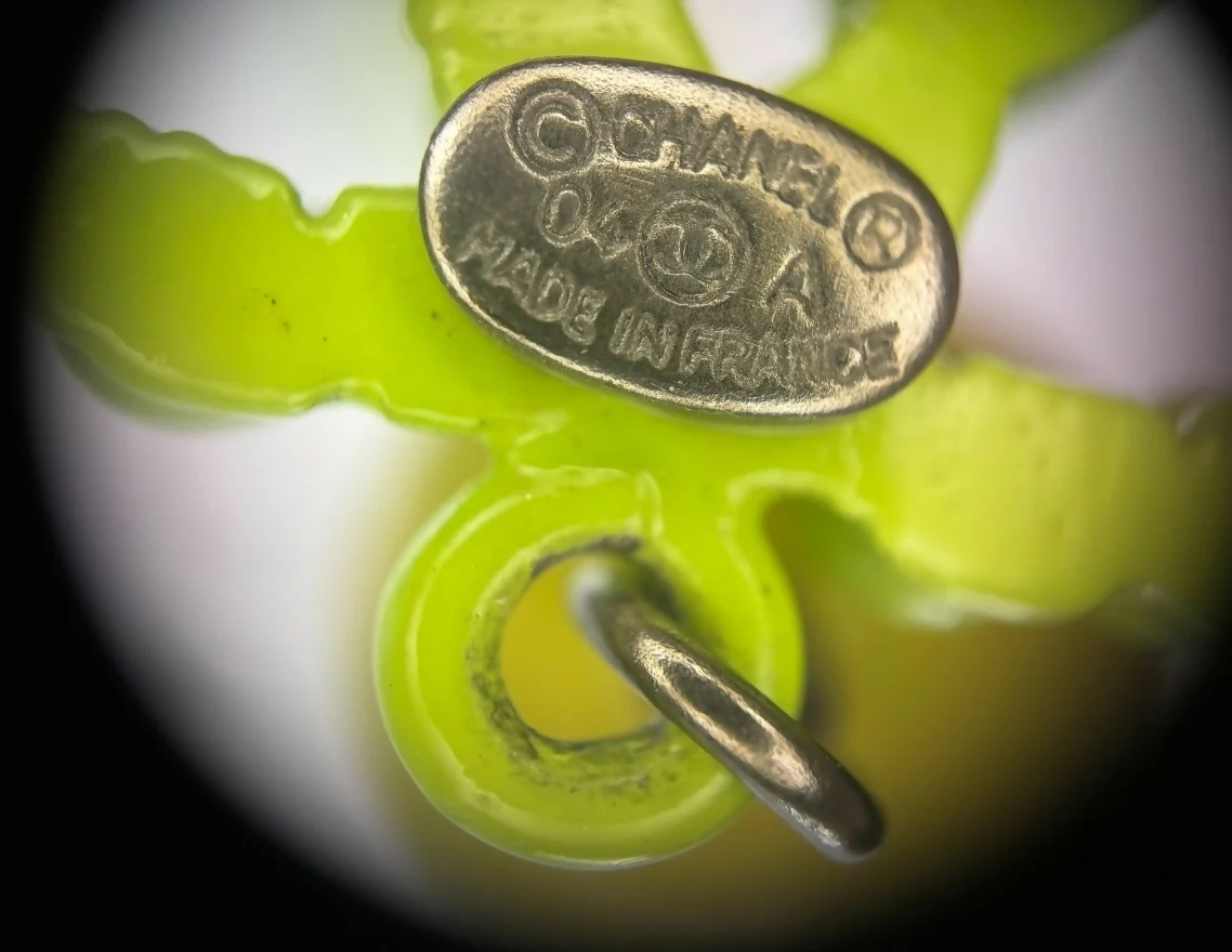 Chanel Vintage 04A Resin Fluorescent Green and Yellow Dangle Stud Earrings - Image 9