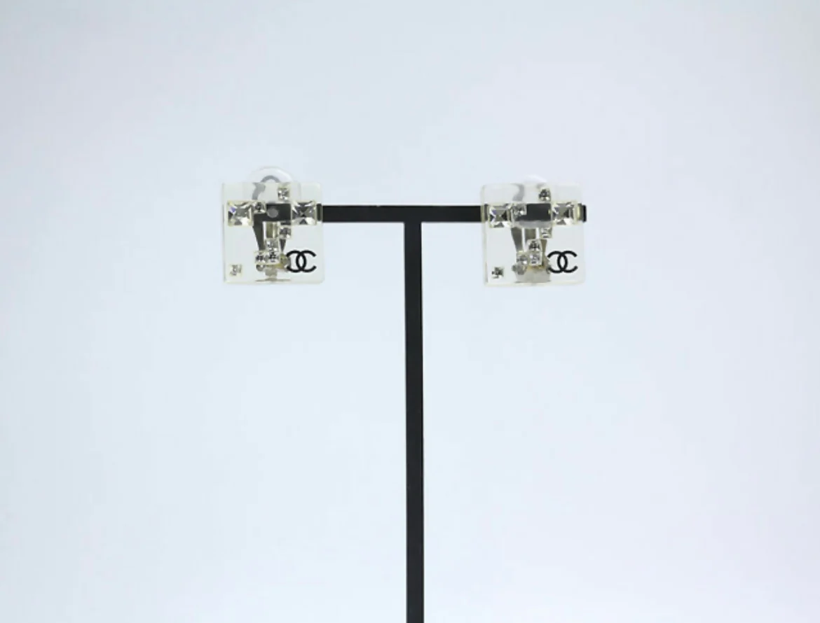 Chanel Vintage 05A Rhinestone Acrylic Transparent Square Earrings - Image 2