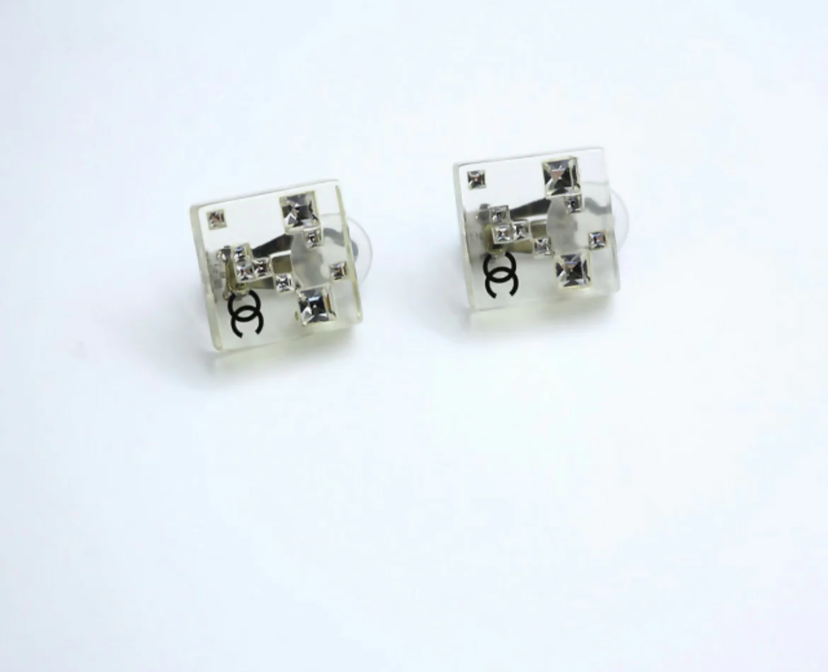 Chanel Vintage 05A Rhinestone Acrylic Transparent Square Earrings - Image 4