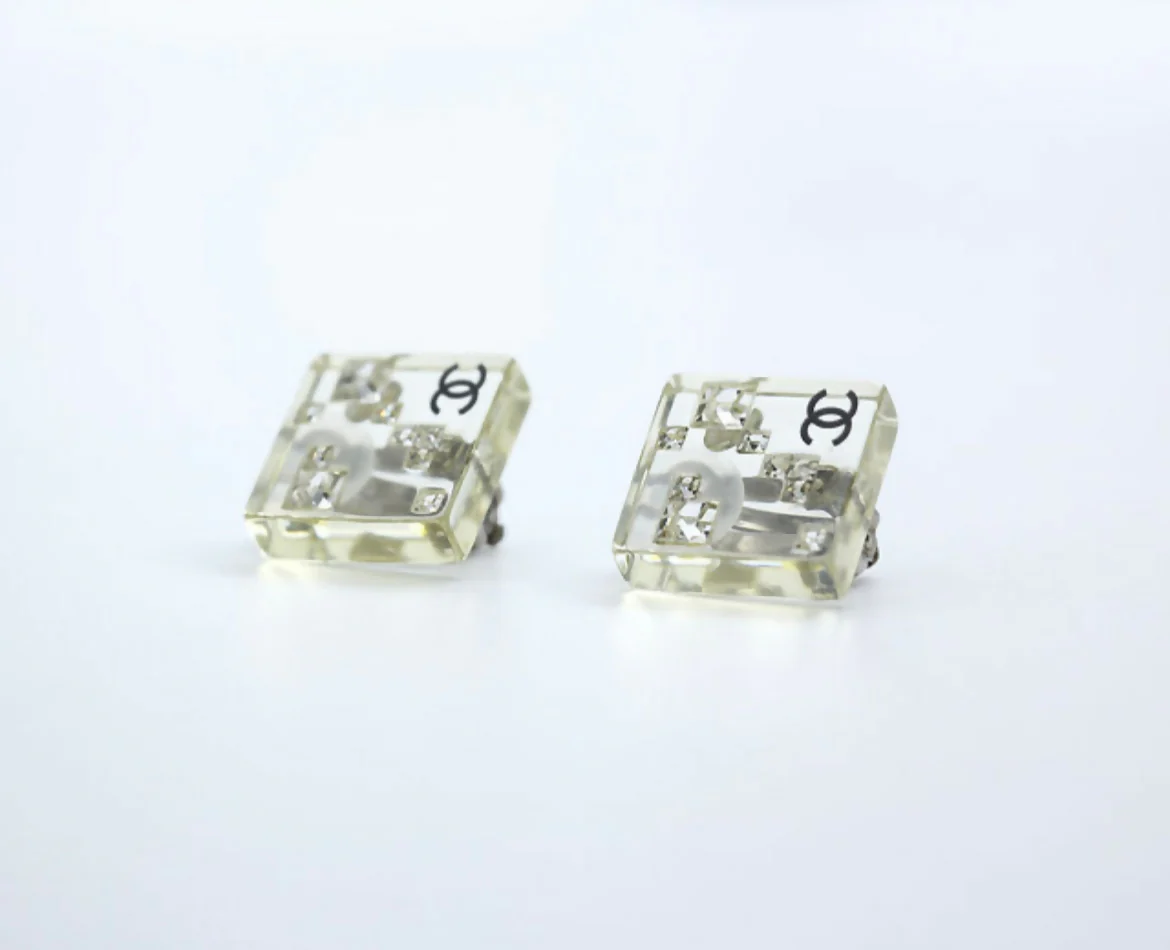 Chanel Vintage 05A Rhinestone Acrylic Transparent Square Earrings - Image 5