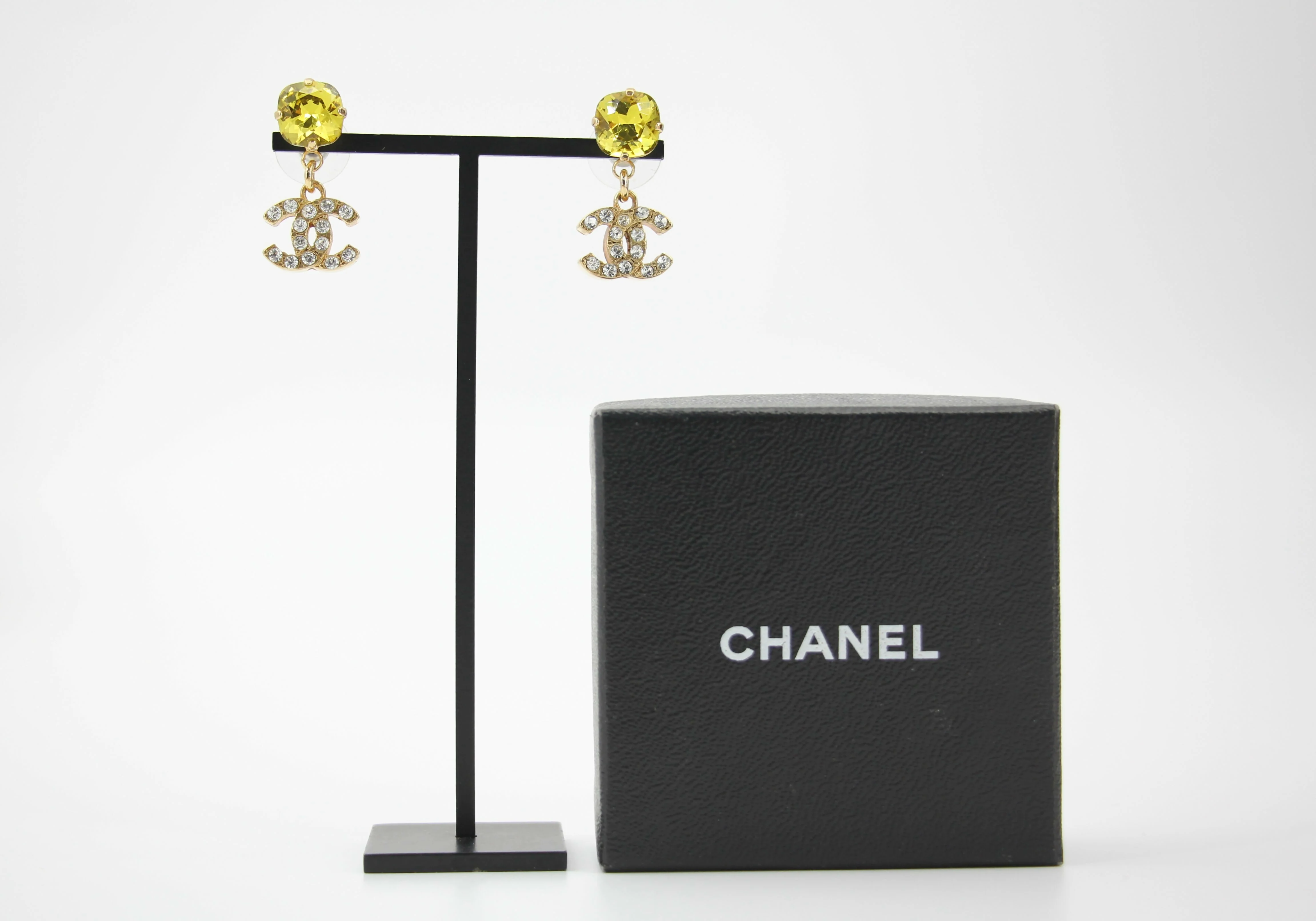 Chanel Vintage 05A Rhinestone Yellow Dangle Stud Earrings - Image 2