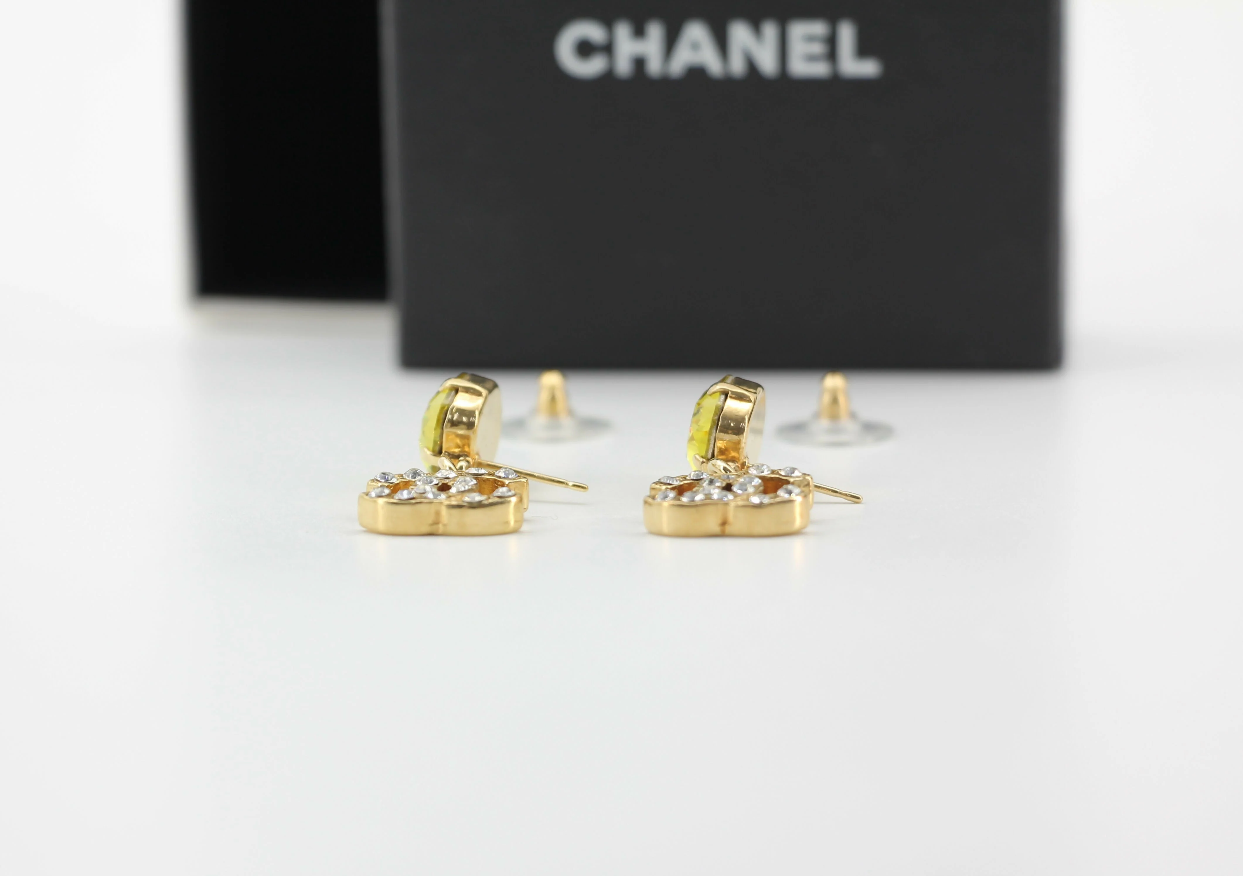 Chanel Vintage 05A Rhinestone Yellow Dangle Stud Earrings - Image 5