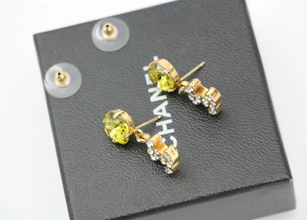 Chanel Vintage 05A Rhinestone Yellow Dangle Stud Earrings - Image 7
