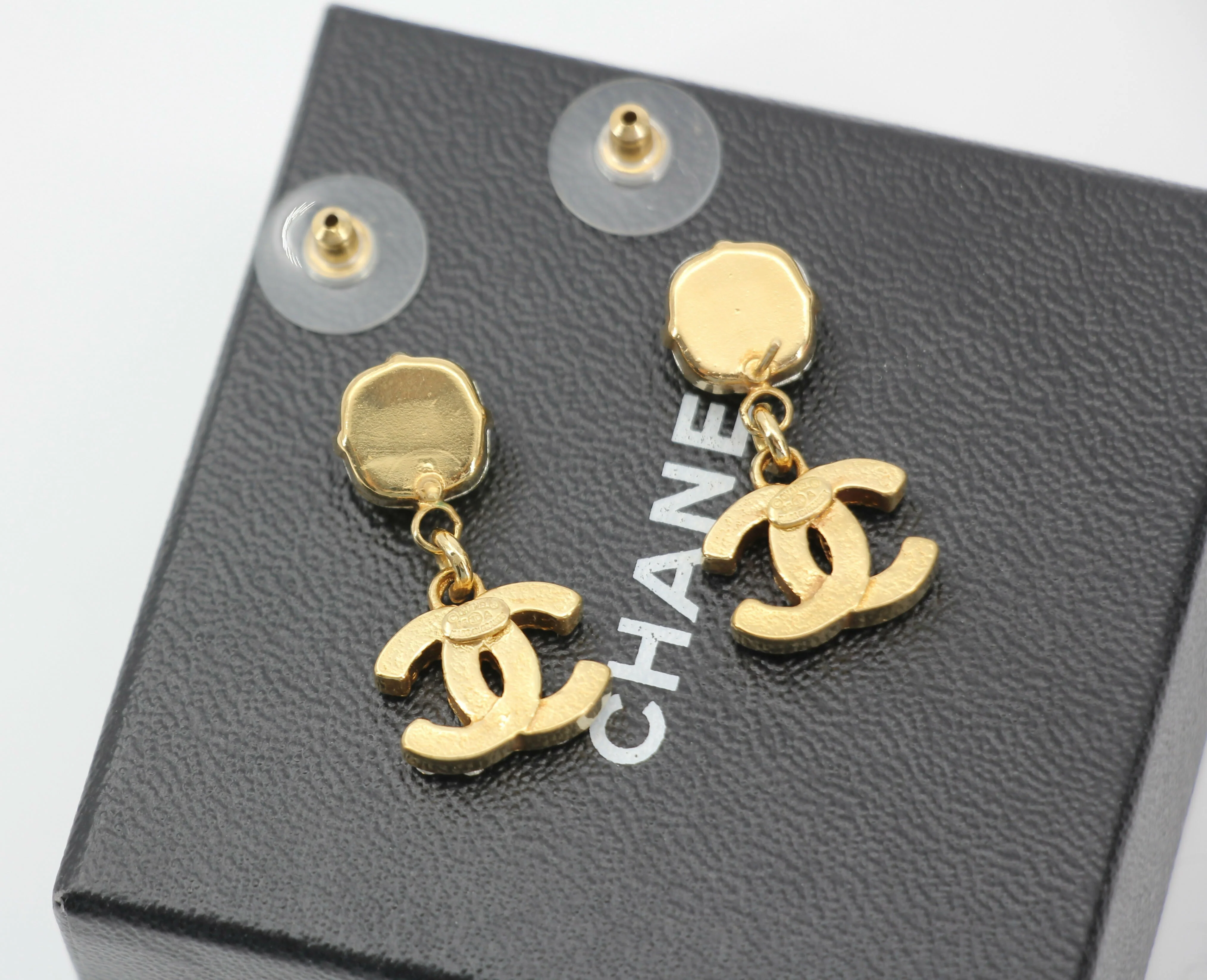 Chanel Vintage 05A Rhinestone Yellow Dangle Stud Earrings - Image 8