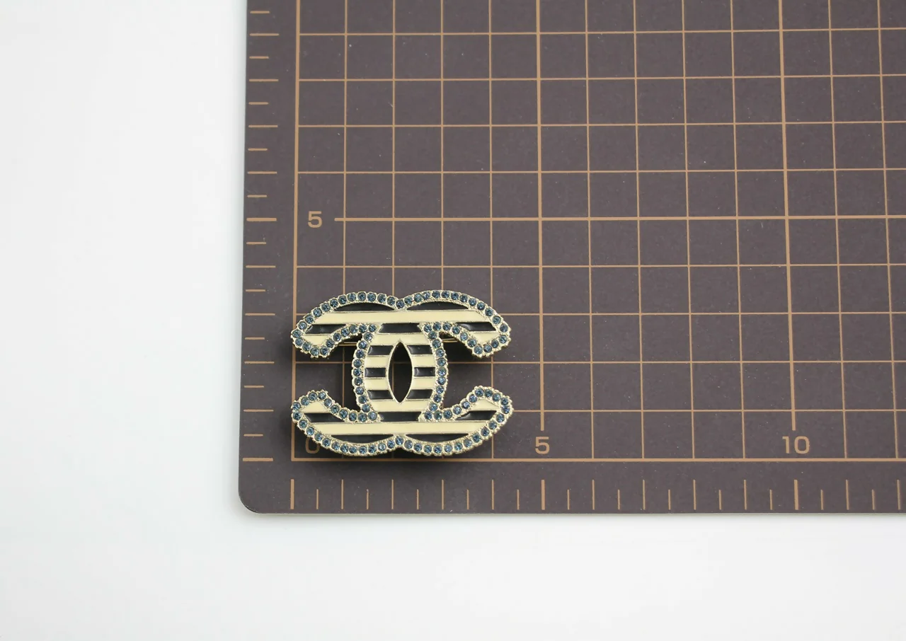 Chanel Vintage 06A Blue Rhinestone Beige Black Stripe Brooch - Image 10