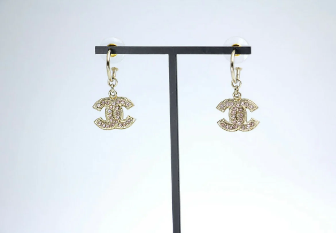 Chanel Vintage 08C Rhinestone Light Pink Hoop Stud Earrings - Image 2