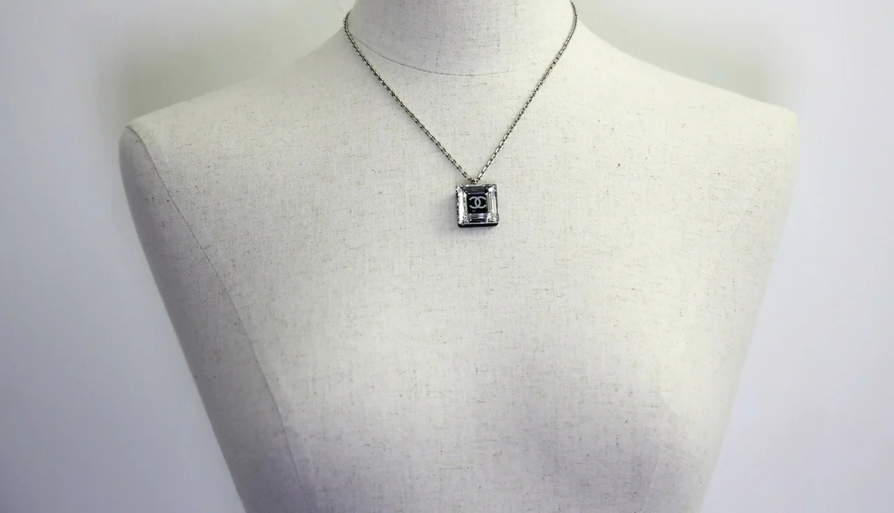 Chanel Vintage 10A Resin Transparent Square Black CC Pendant Necklace