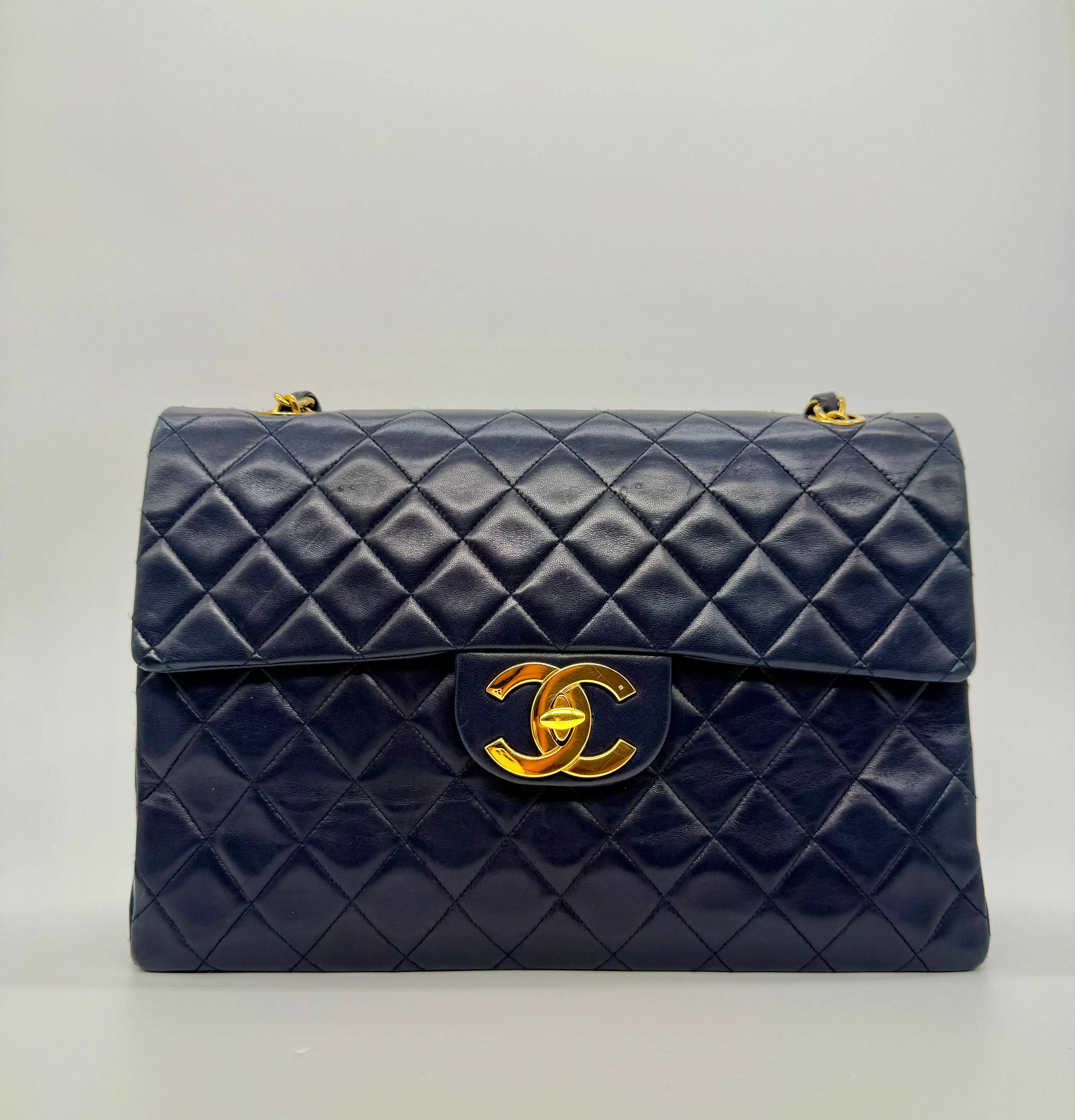 Chanel Vintage 1980s Navy Lambskin Maxi Classic Single Flap- Series 1