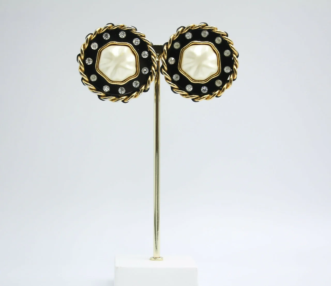 Chanel Vintage 1988 Leather Chain & Rhinestone Clip-on Round Earrings