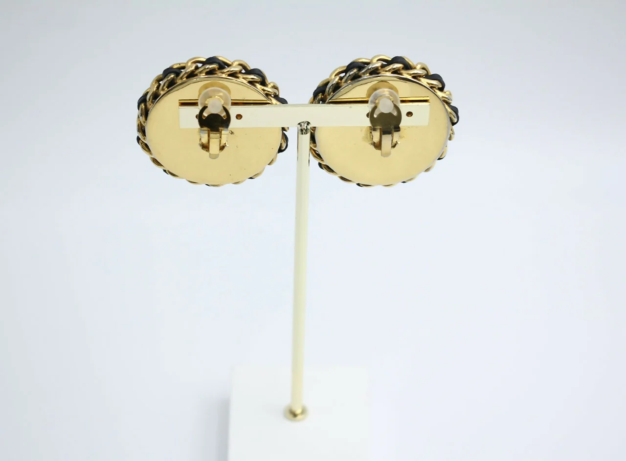 Chanel Vintage 1988 Leather Chain & Rhinestone Clip-on Round Earrings - Image 2