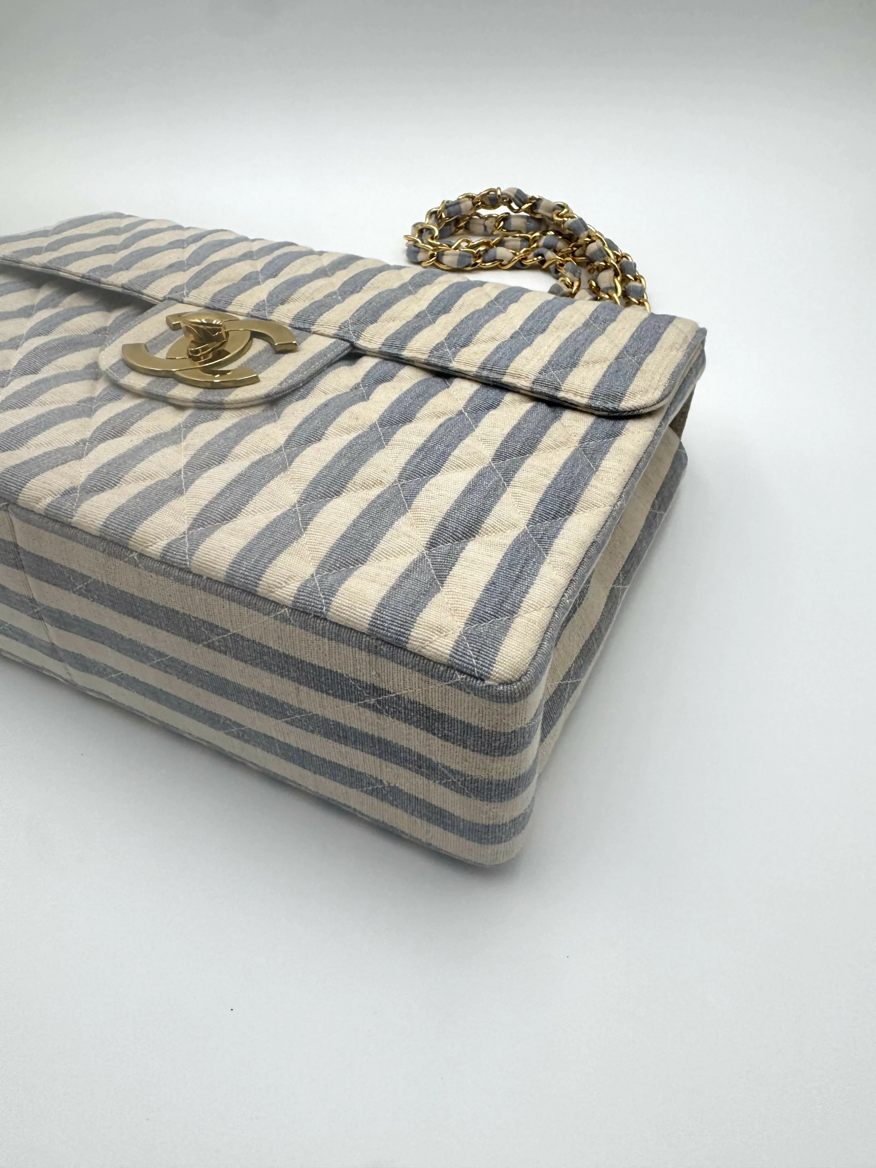 Chanel Vintage 1990s Blue and White Striped Linen Jumbo Single Classic Flap Bag - Image 2