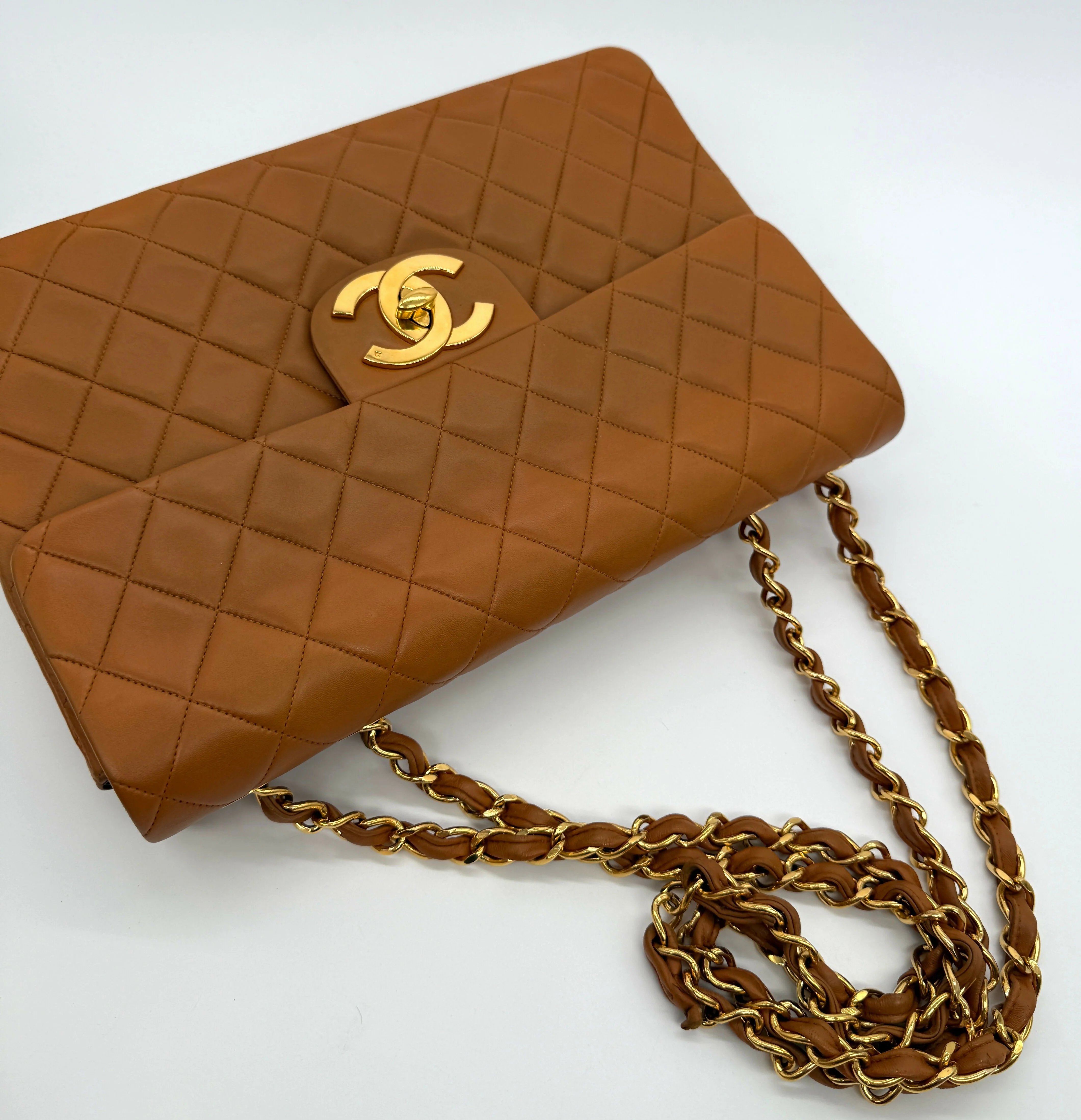 Chanel Vintage 1990s Caramel Brown Lambskin Maxi Single Classic Flap Bag - Series 2