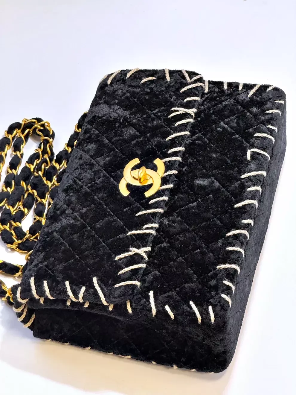Chanel Vintage 1993 Black Velvet Whipstitch Flap Bag