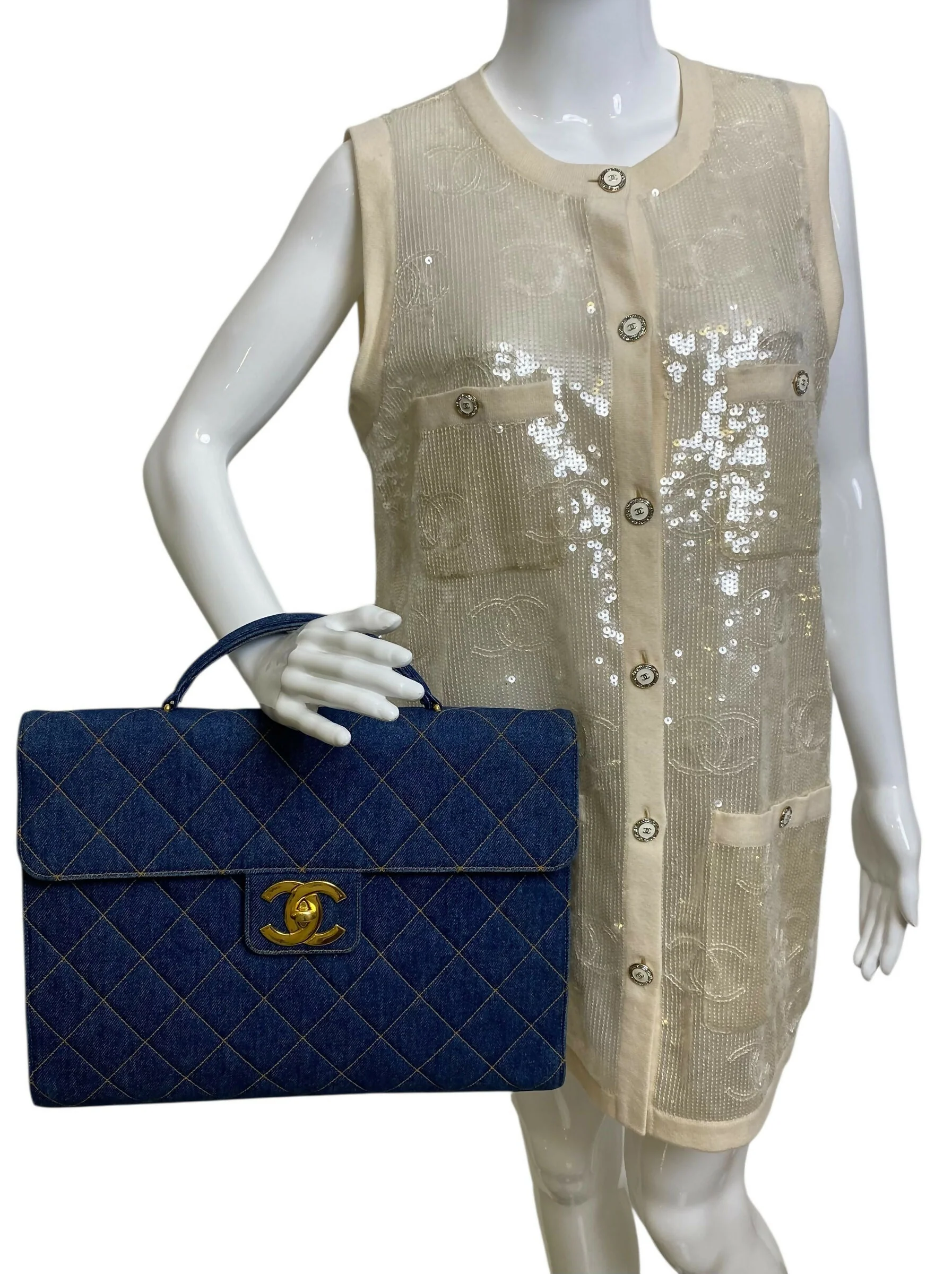 Chanel Vintage 1996 XL Blue Denim Quilted Jumbo Top Handle Briefcase Handbag - Image 2
