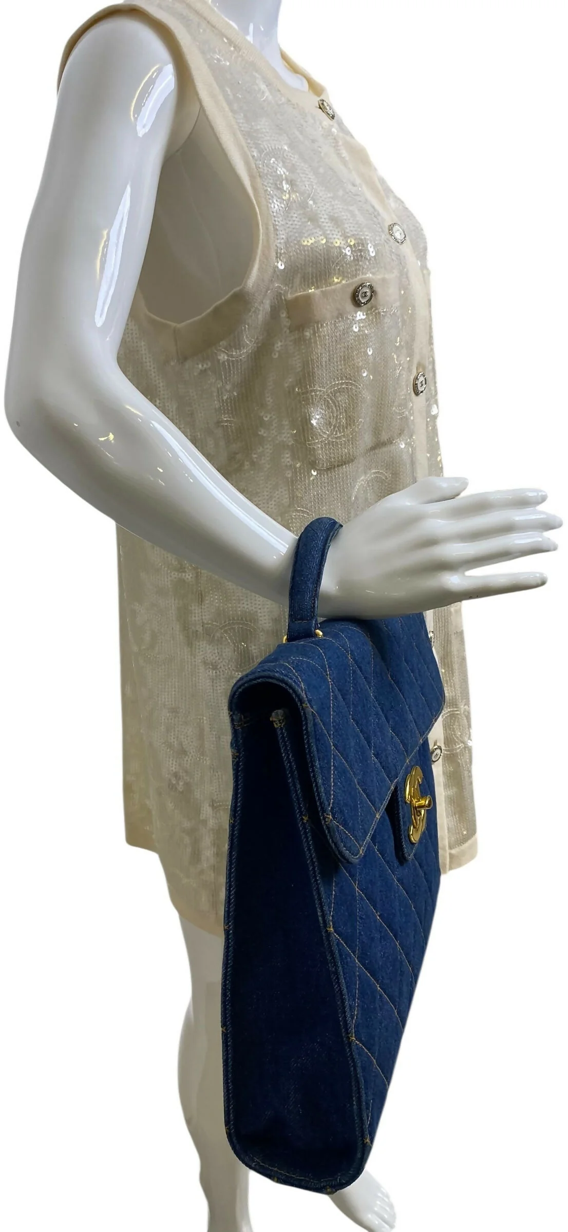 Chanel Vintage 1996 XL Blue Denim Quilted Jumbo Top Handle Briefcase Handbag - Image 3