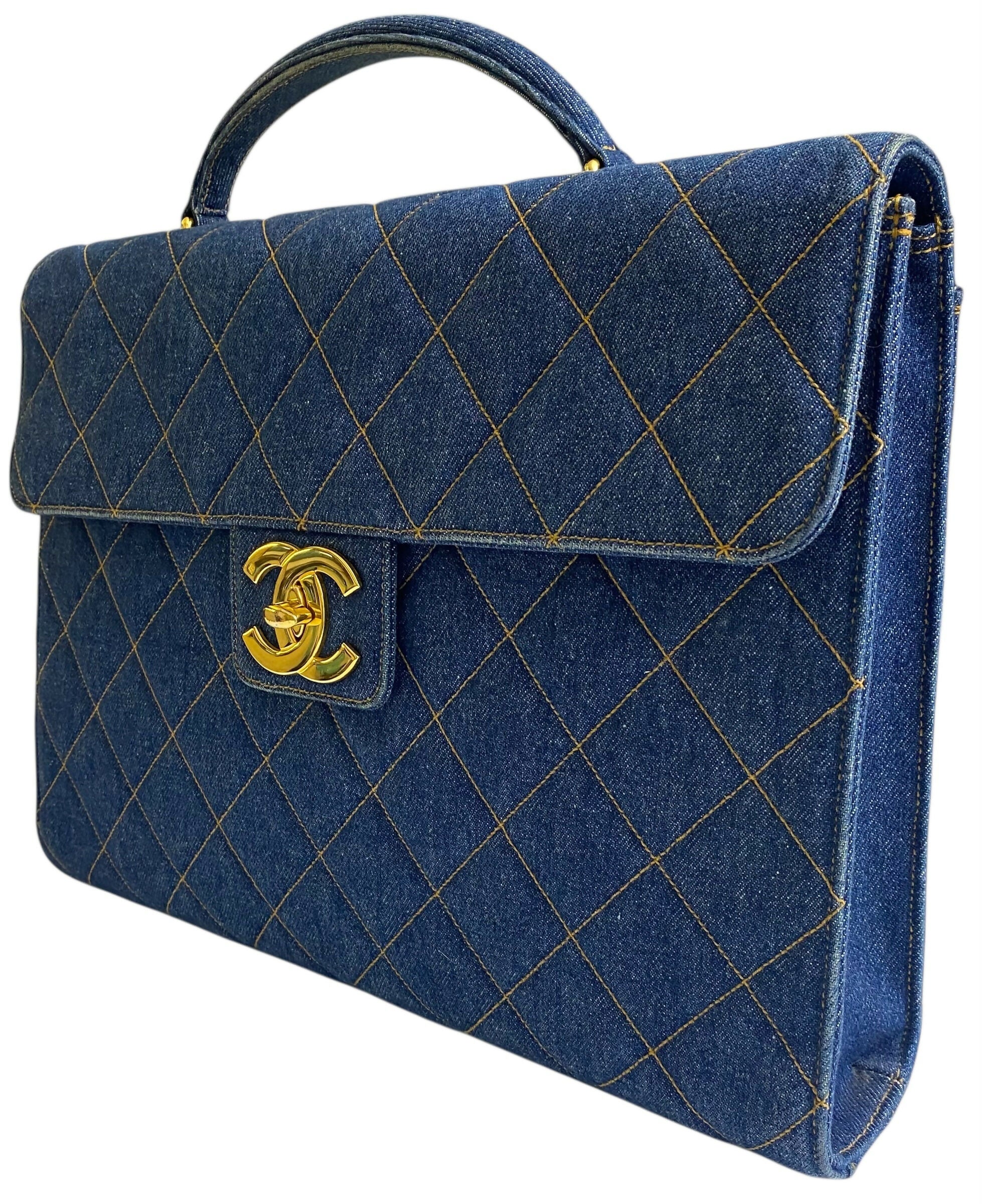 Chanel Vintage 1996 XL Blue Denim Quilted Jumbo Top Handle Briefcase Handbag - Image 4