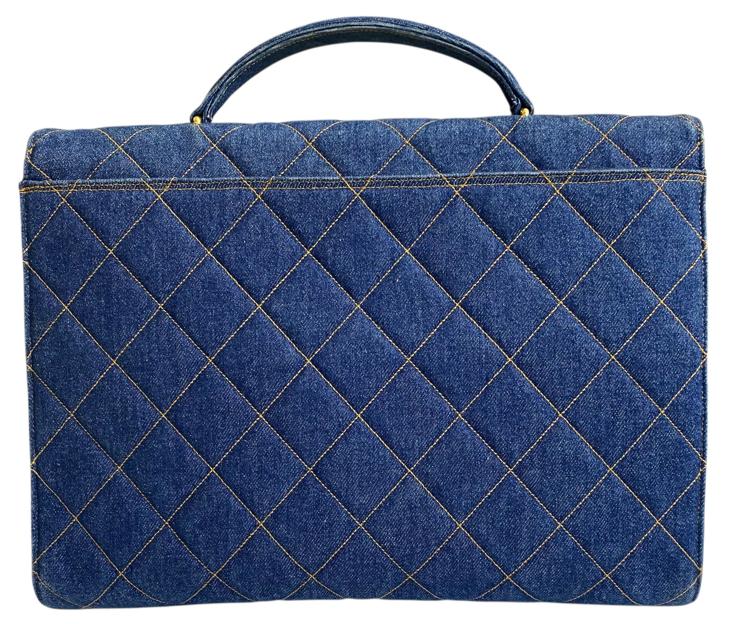 Chanel Vintage 1996 XL Blue Denim Quilted Jumbo Top Handle Briefcase Handbag - Image 5