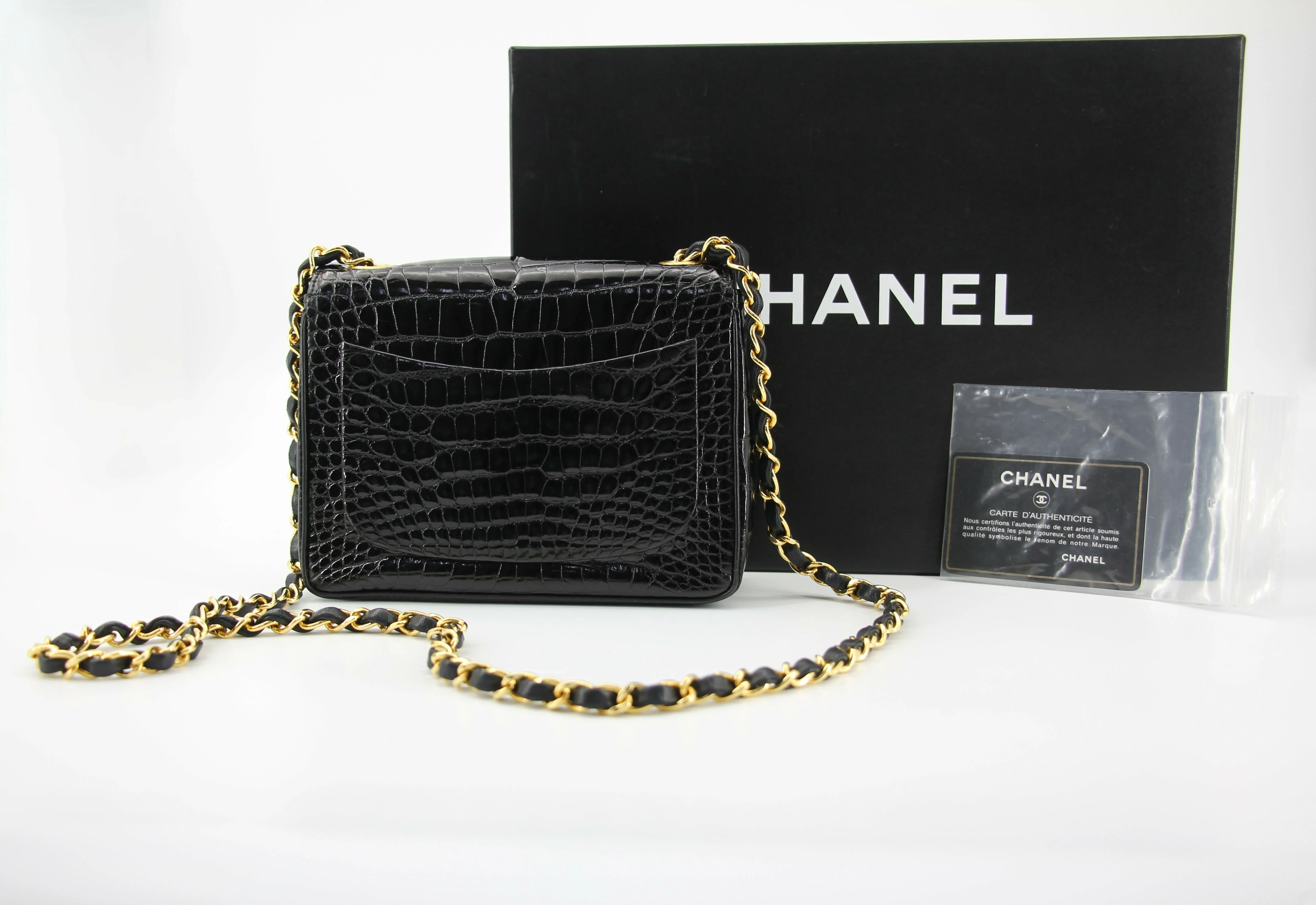 Chanel Vintage 89-91 Black Alligator Mini Square Gold Hardware Classic Flap Bag - Image 2