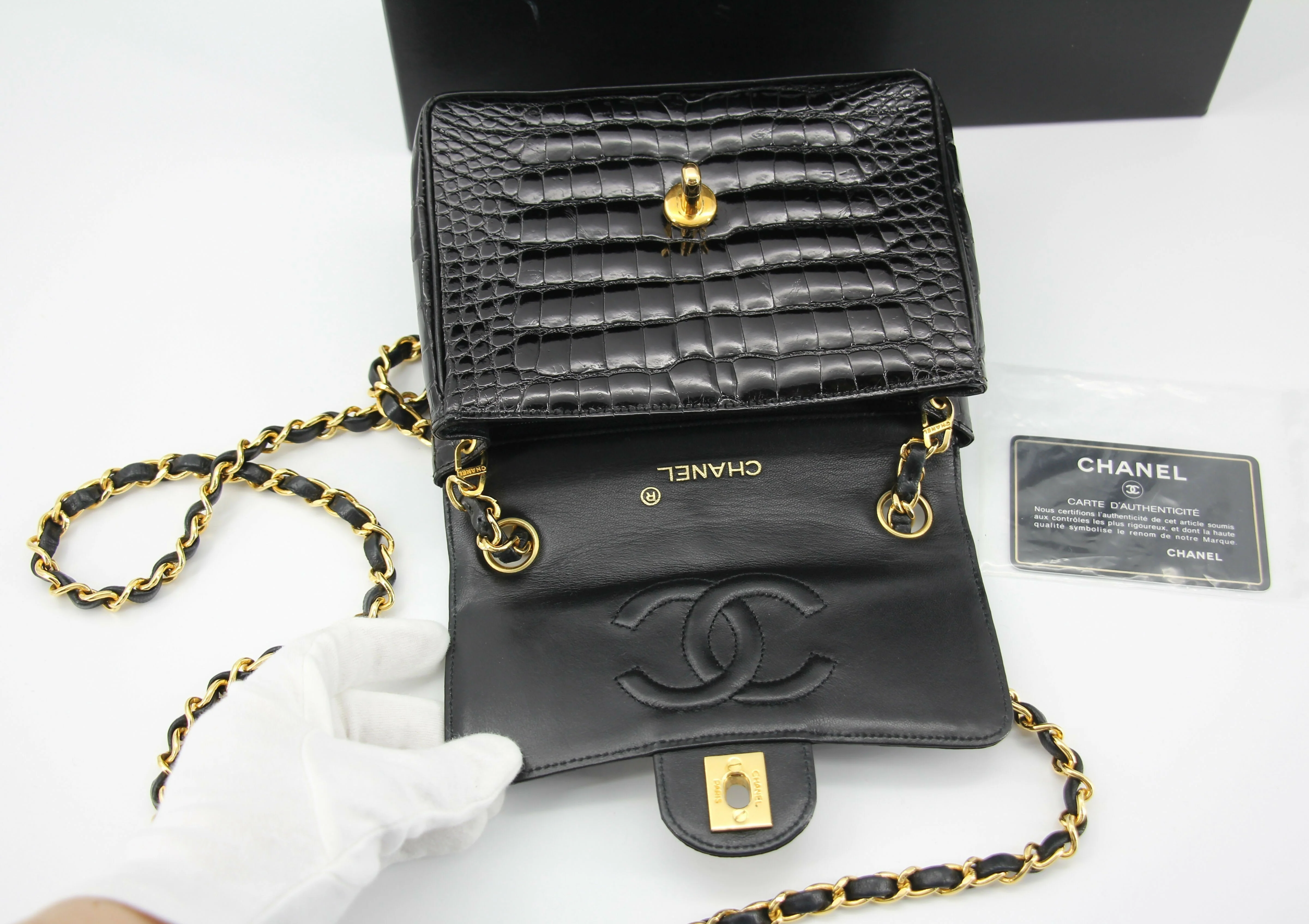 Chanel Vintage 89-91 Black Alligator Mini Square Gold Hardware Classic Flap Bag - Image 6