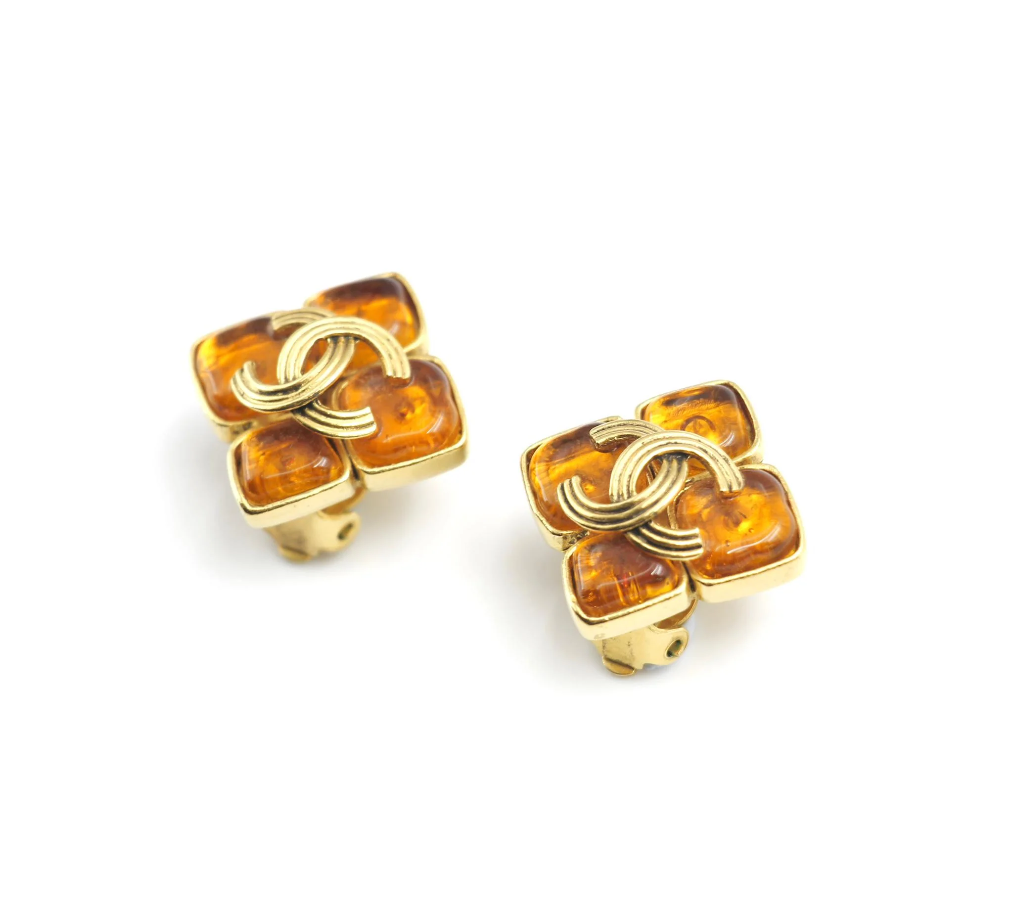Chanel Vintage 94A Orange Glass Gold-Plated Rhombus Cc Earrings - Image 13