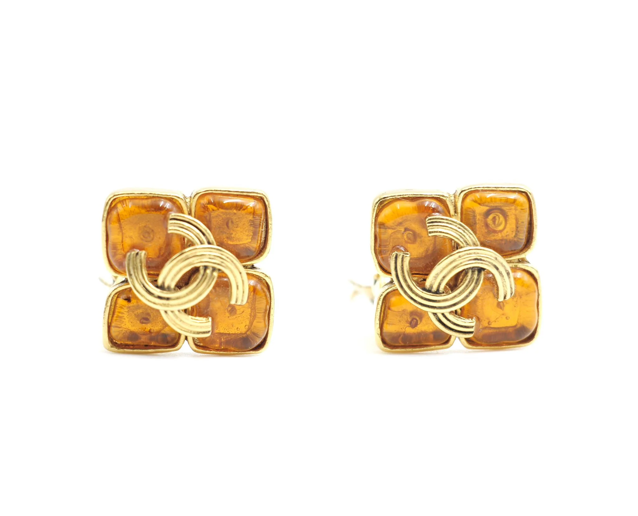 Chanel Vintage 94A Orange Glass Gold-Plated Rhombus Cc Earrings - Image 8