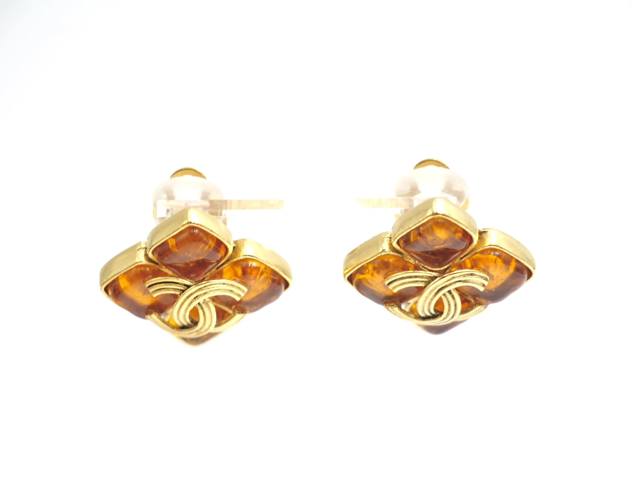Chanel Vintage 94A Orange Glass Gold-Plated Rhombus Cc Earrings - Image 9